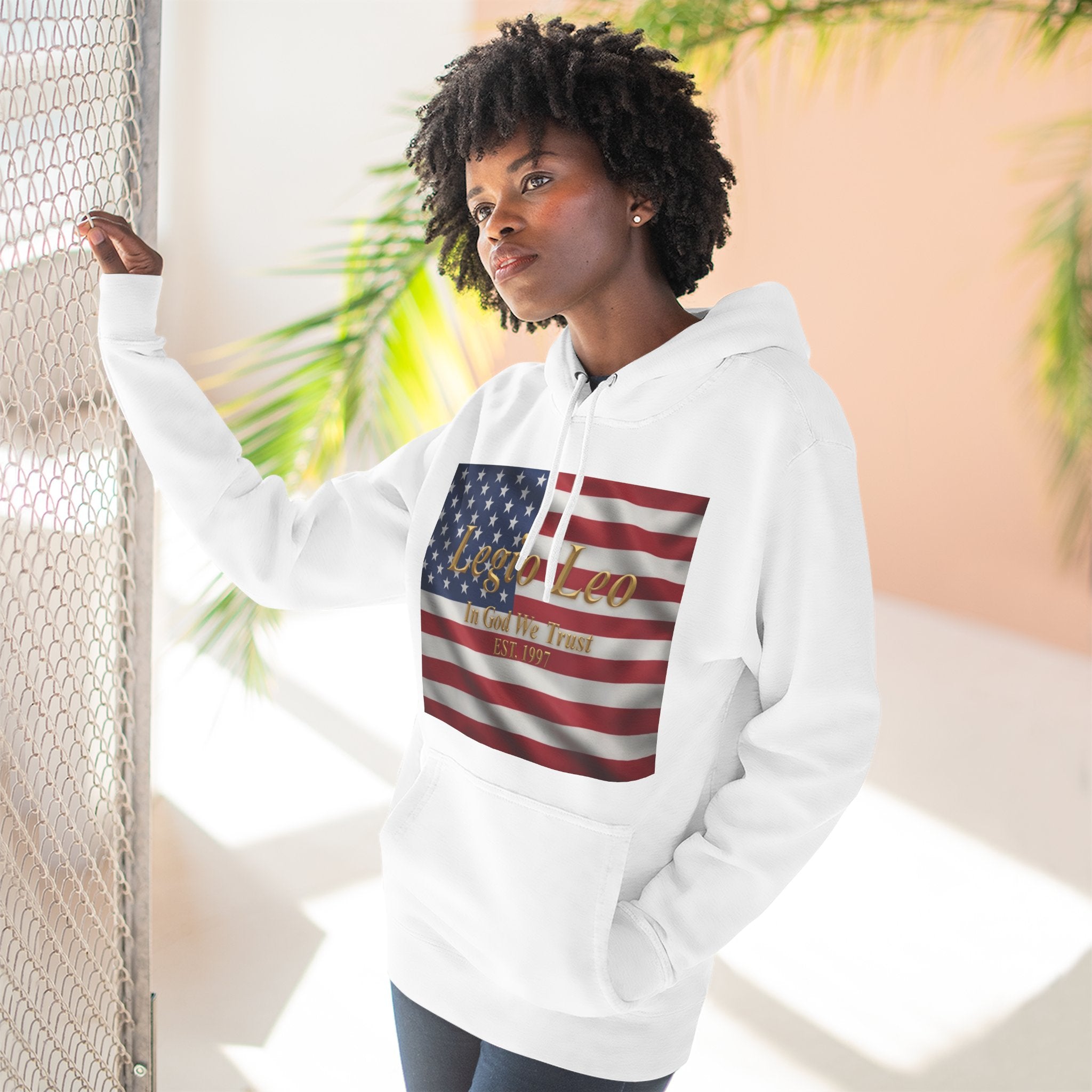 Legio Leo American Flag Fleece Hoodie – Minimal Gold Script Pullover