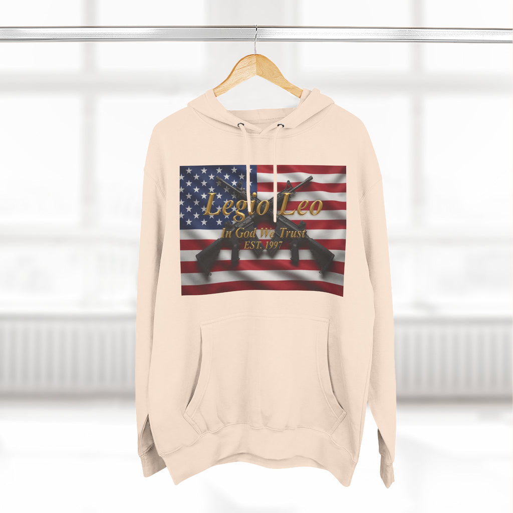 Legio Leo American Flag Fleece Hoodie – Minimal Gold Script Pullover Warrior Design