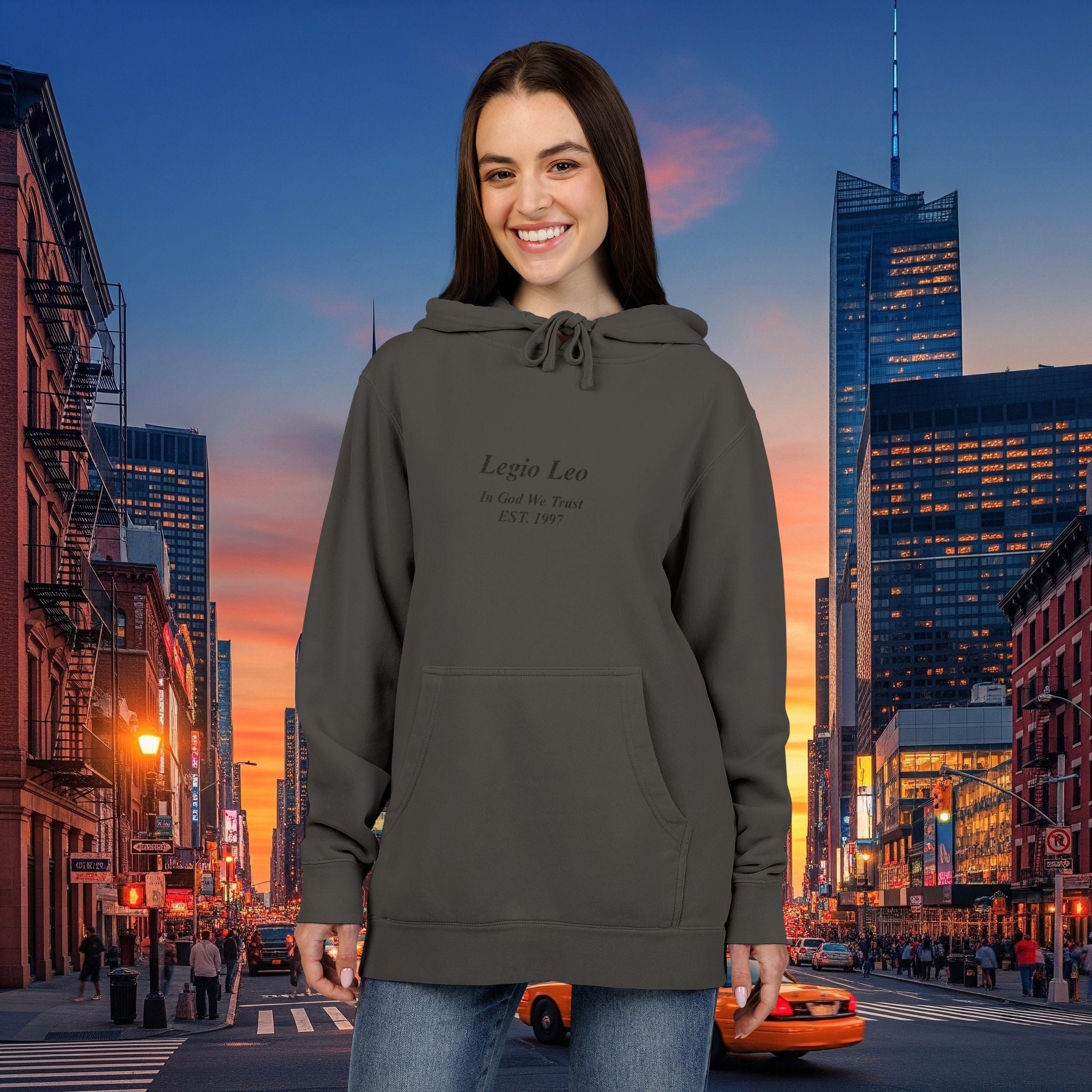 Minimal Olive Pigment-Dyed Hoodie — Subtle Script "Legio Leo" Design