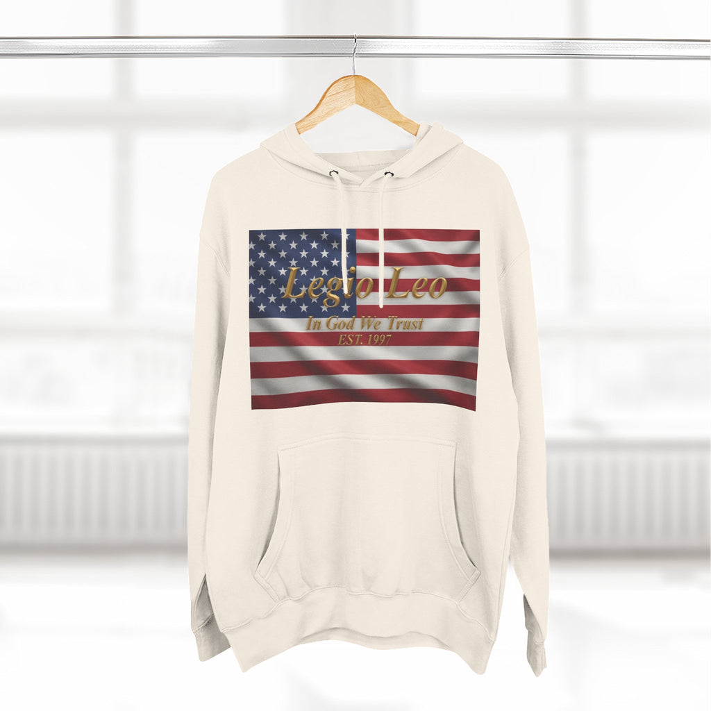 Legio Leo American Flag Fleece Hoodie – Minimal Gold Script Pullover