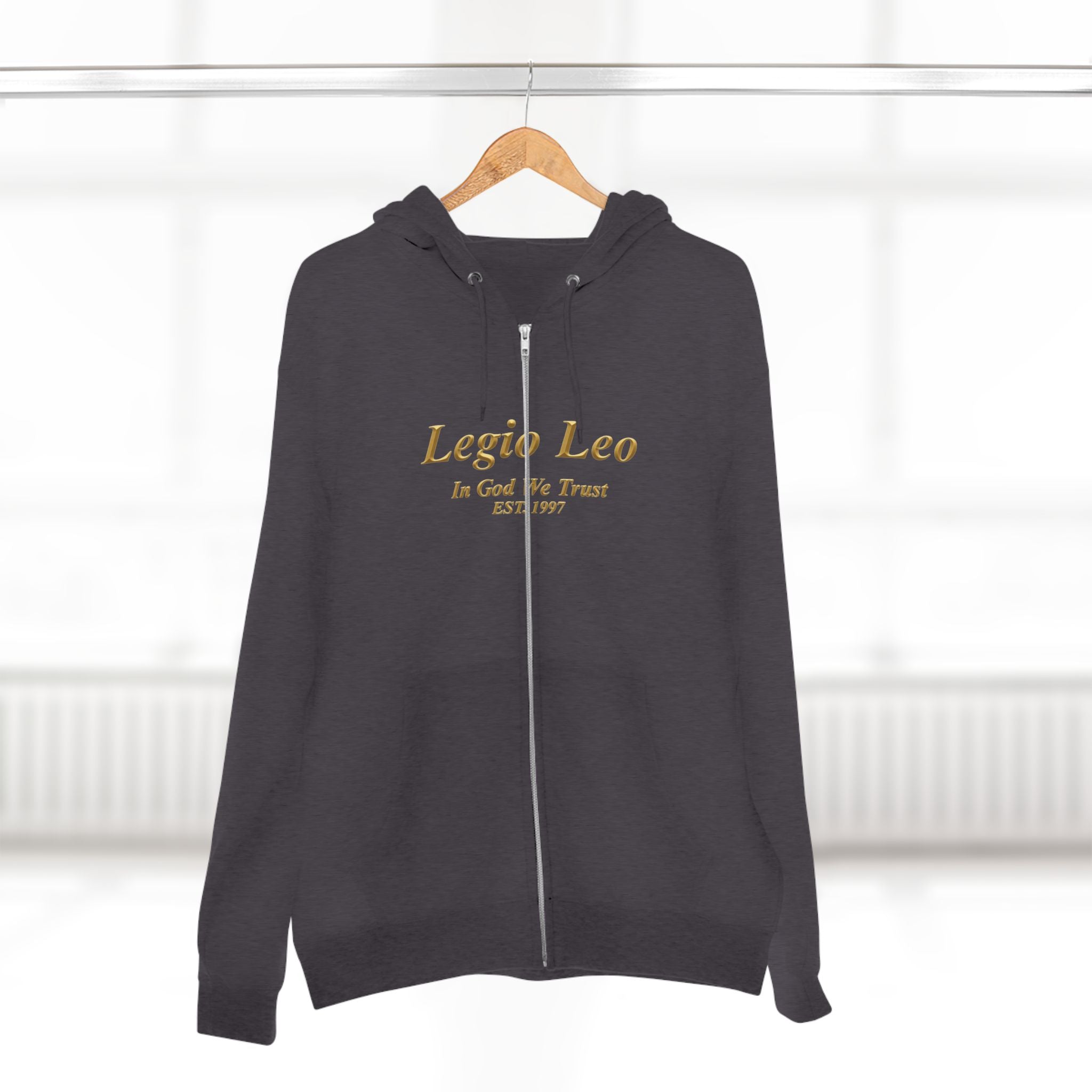 Zip Hoodie — Legio Leo Lion & Skull Graphic Zip-Up with “In God We Trust” Text