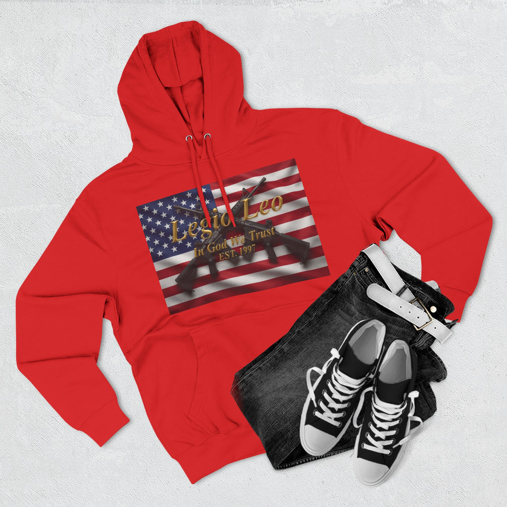 Legio Leo American Flag Fleece Hoodie – Minimal Gold Script Pullover Warrior Design