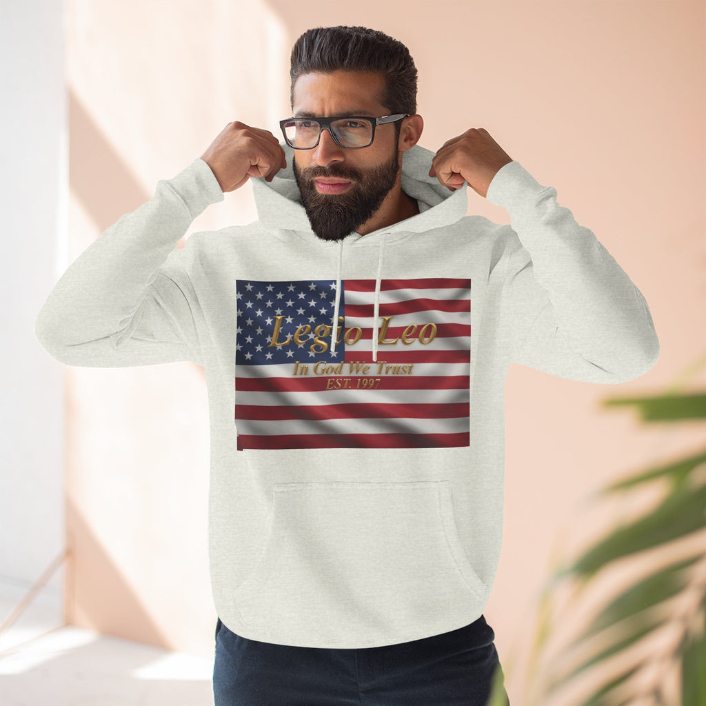 Legio Leo American Flag Fleece Hoodie – Minimal Gold Script Pullover