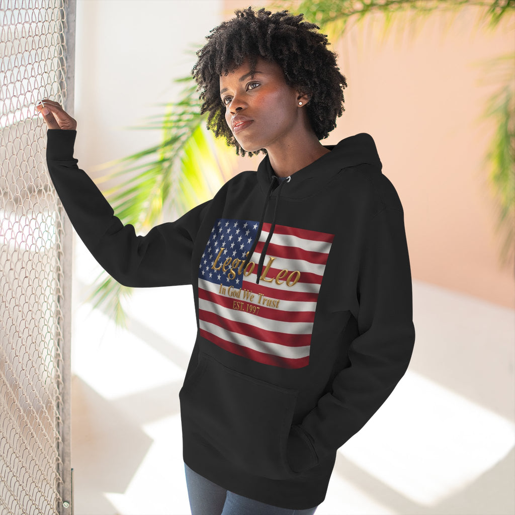 Legio Leo American Flag Fleece Hoodie – Minimal Gold Script Pullover