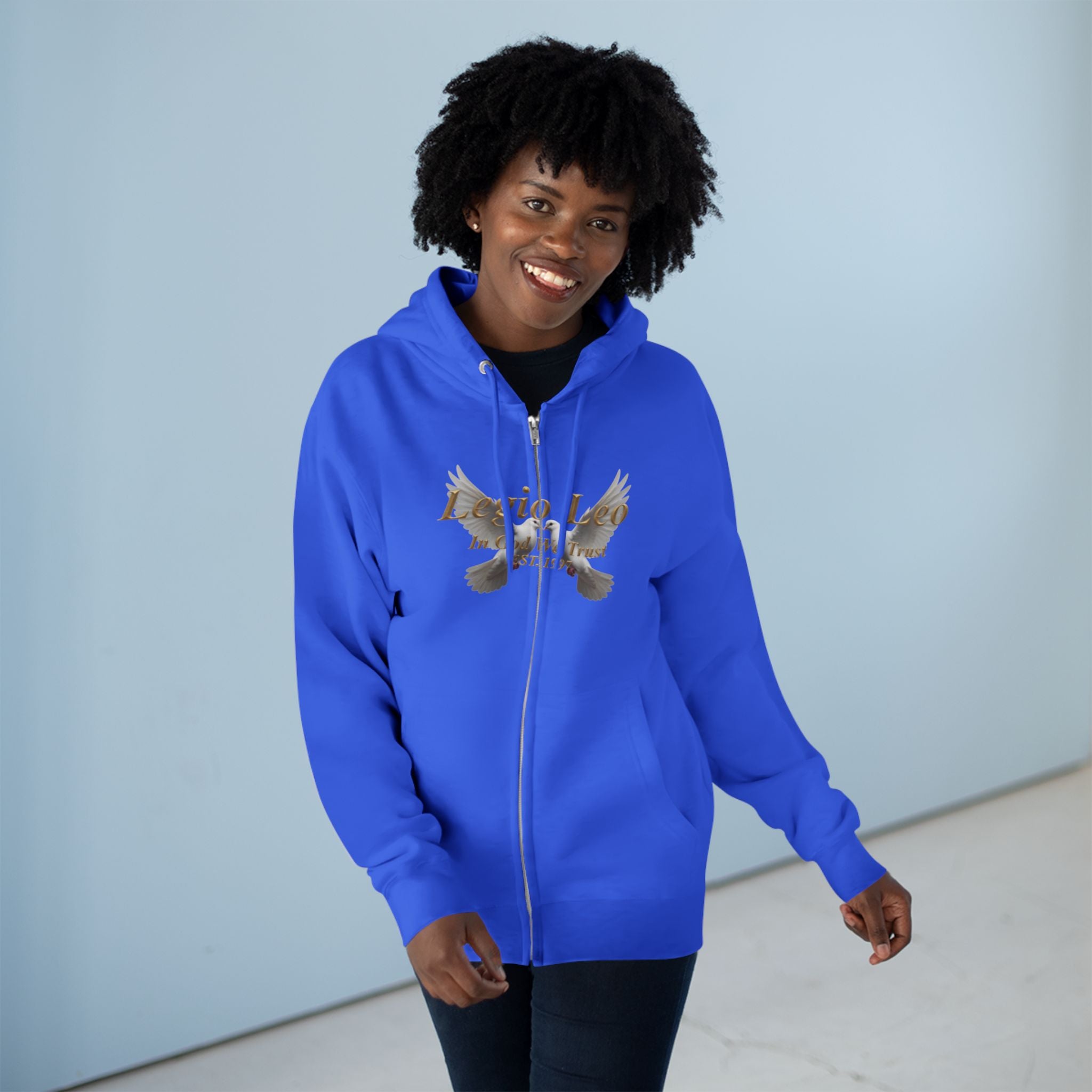 Leo Zodiac Zip Hoodie — 'Legio Leo— In God We Trust' Script with White Doves Design