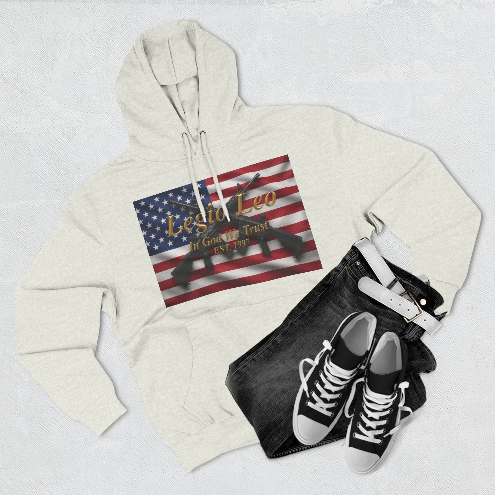 Legio Leo American Flag Fleece Hoodie – Minimal Gold Script Pullover Warrior Design