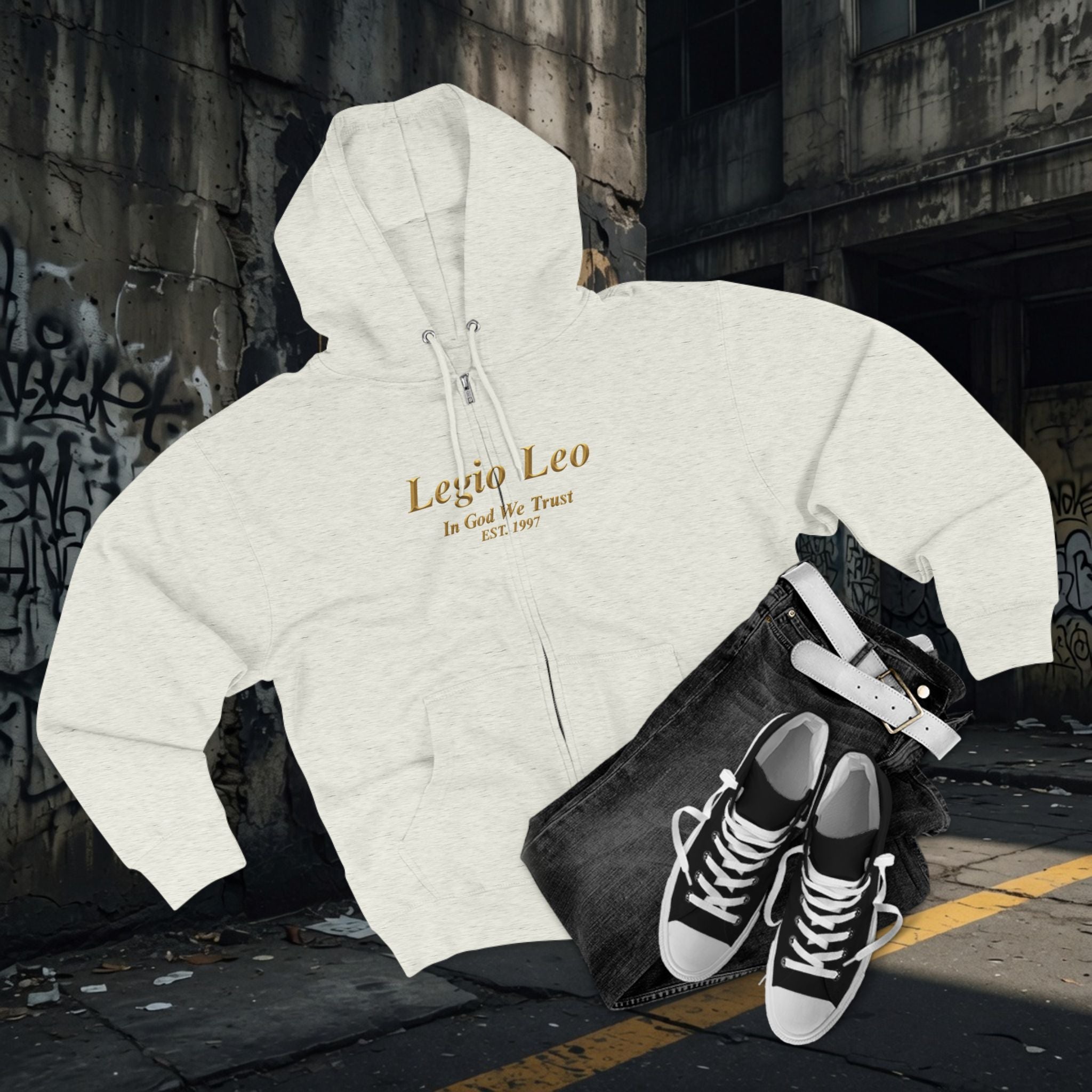 Zip Hoodie — Legio Leo Lion & Skull Graphic Zip-Up with “In God We Trust” Text