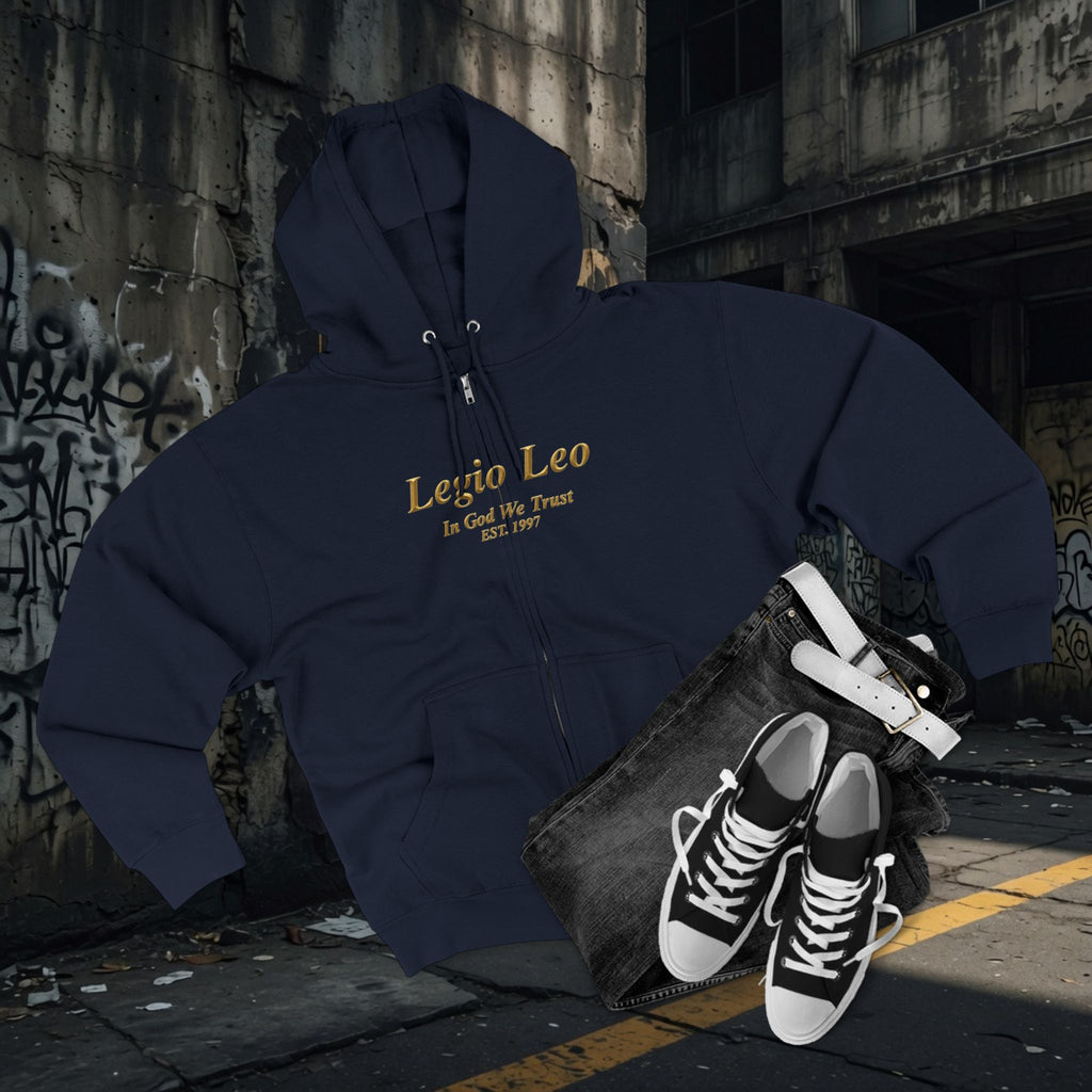 Zip Hoodie — Legio Leo Lion & Skull Graphic Zip-Up with “In God We Trust” Text