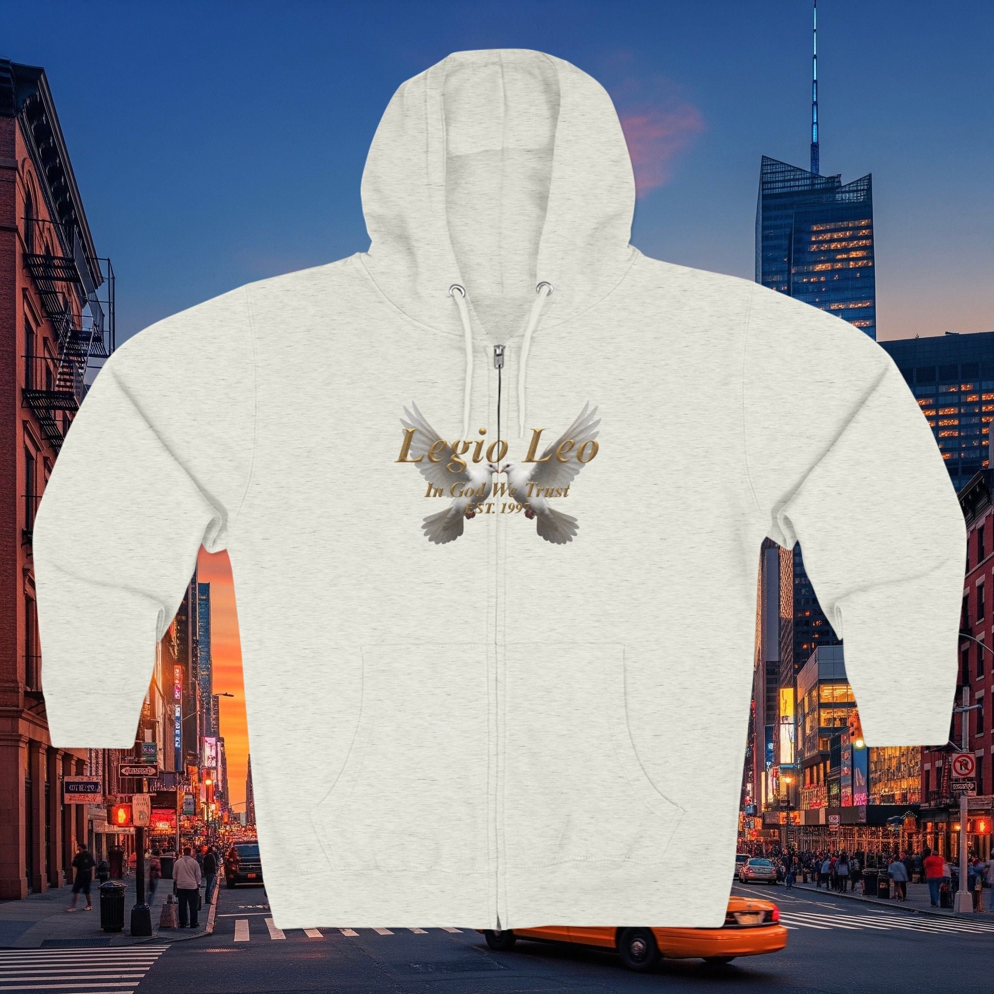 Leo Zodiac Zip Hoodie — 'Legio Leo— In God We Trust' Script with White Doves Design