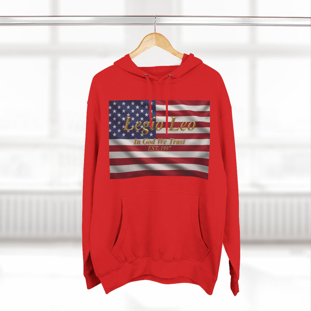 Legio Leo American Flag Fleece Hoodie – Minimal Gold Script Pullover