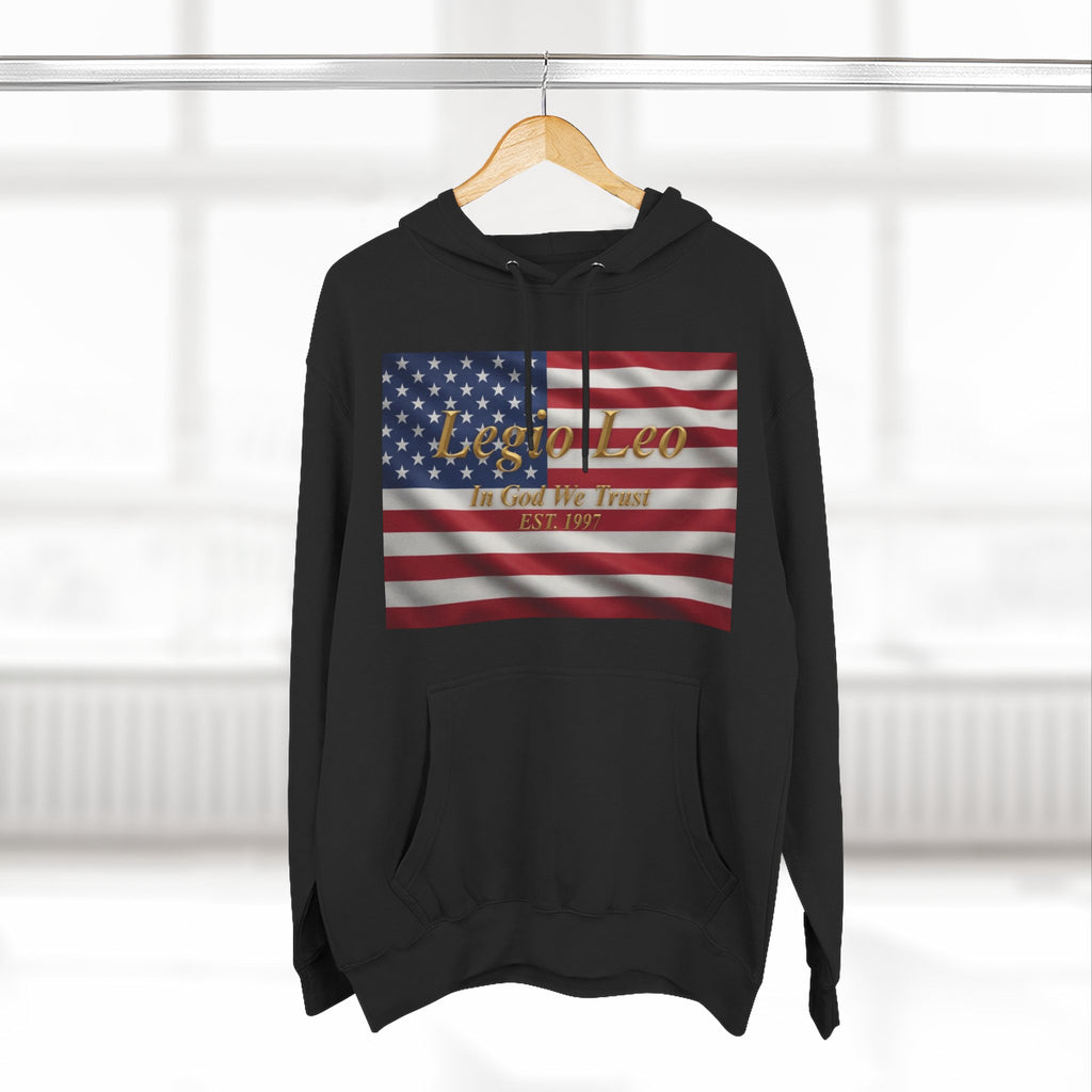 Legio Leo American Flag Fleece Hoodie – Minimal Gold Script Pullover