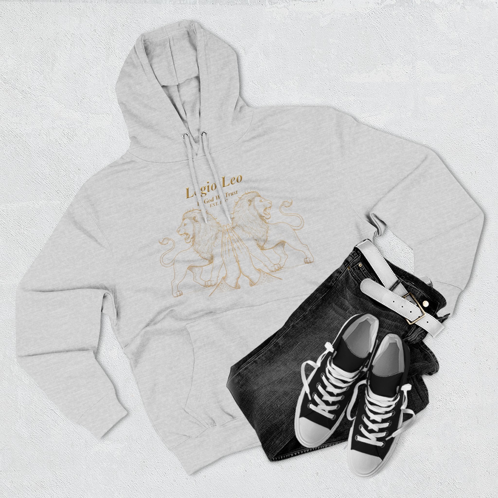 Legio Leo Fleece Hoodie – Minimal Gold Script Pullover Guardian Design