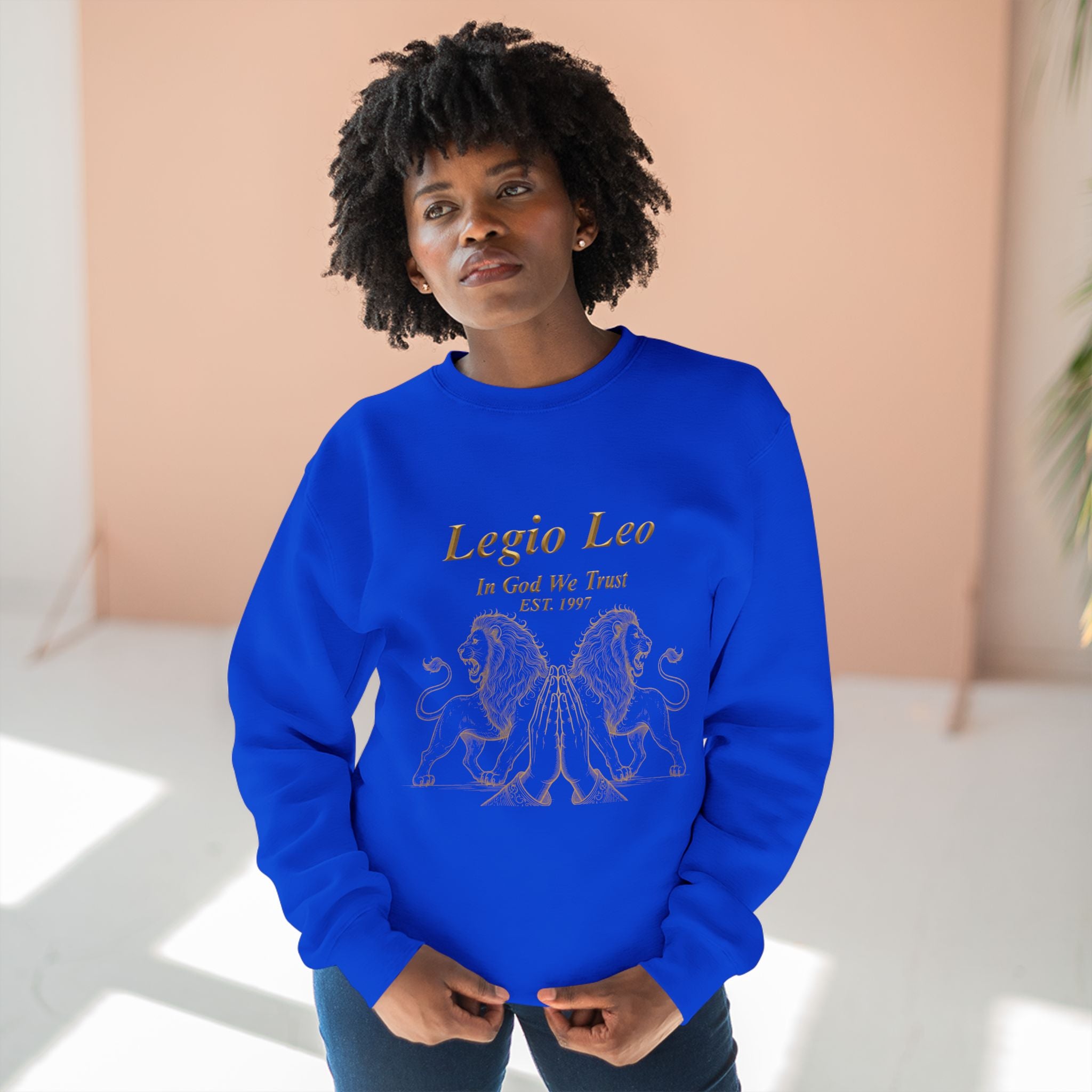Legio Leo Crewneck Sweatshirt — Classic Latin Crest “In God We Trust” Graphic