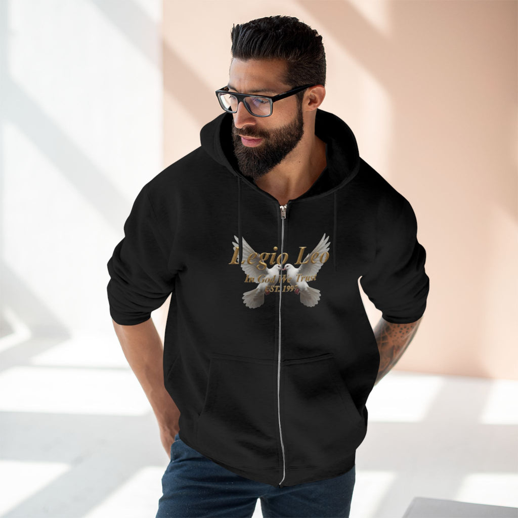 Leo Zodiac Zip Hoodie — 'Legio Leo— In God We Trust' Script with White Doves Design
