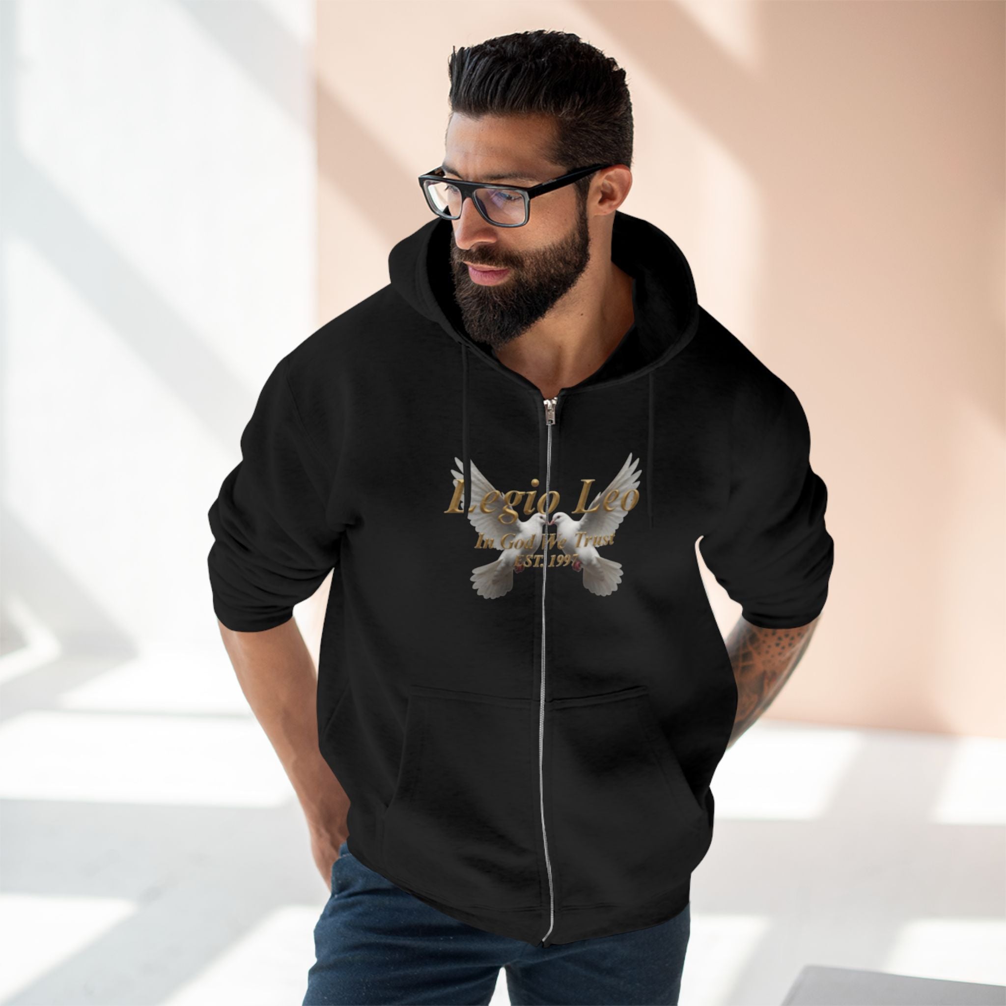 Leo Zodiac Zip Hoodie — 'Legio Leo— In God We Trust' Script with White Doves Design