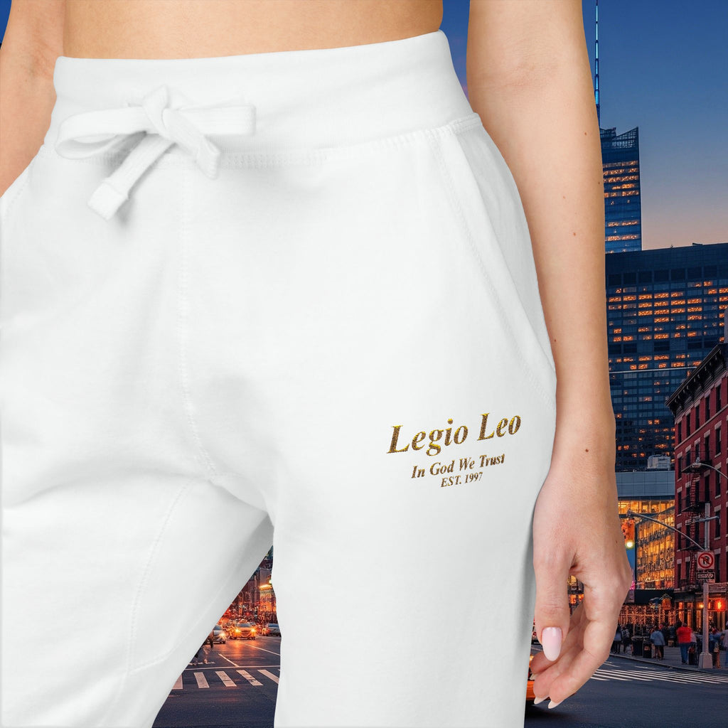 Legio Leo Sweatpants — In God We Trust Embroidery Design Cozy Fleece Joggers