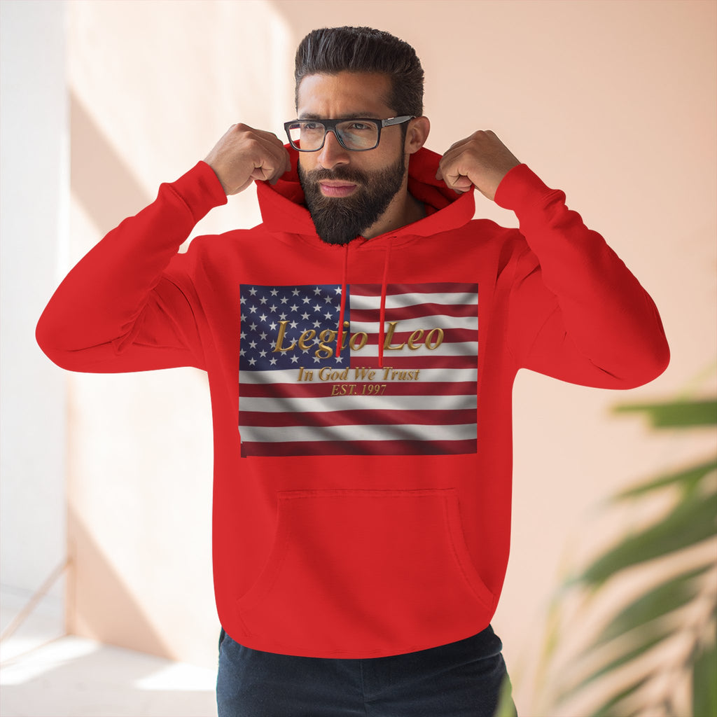 Legio Leo American Flag Fleece Hoodie – Minimal Gold Script Pullover