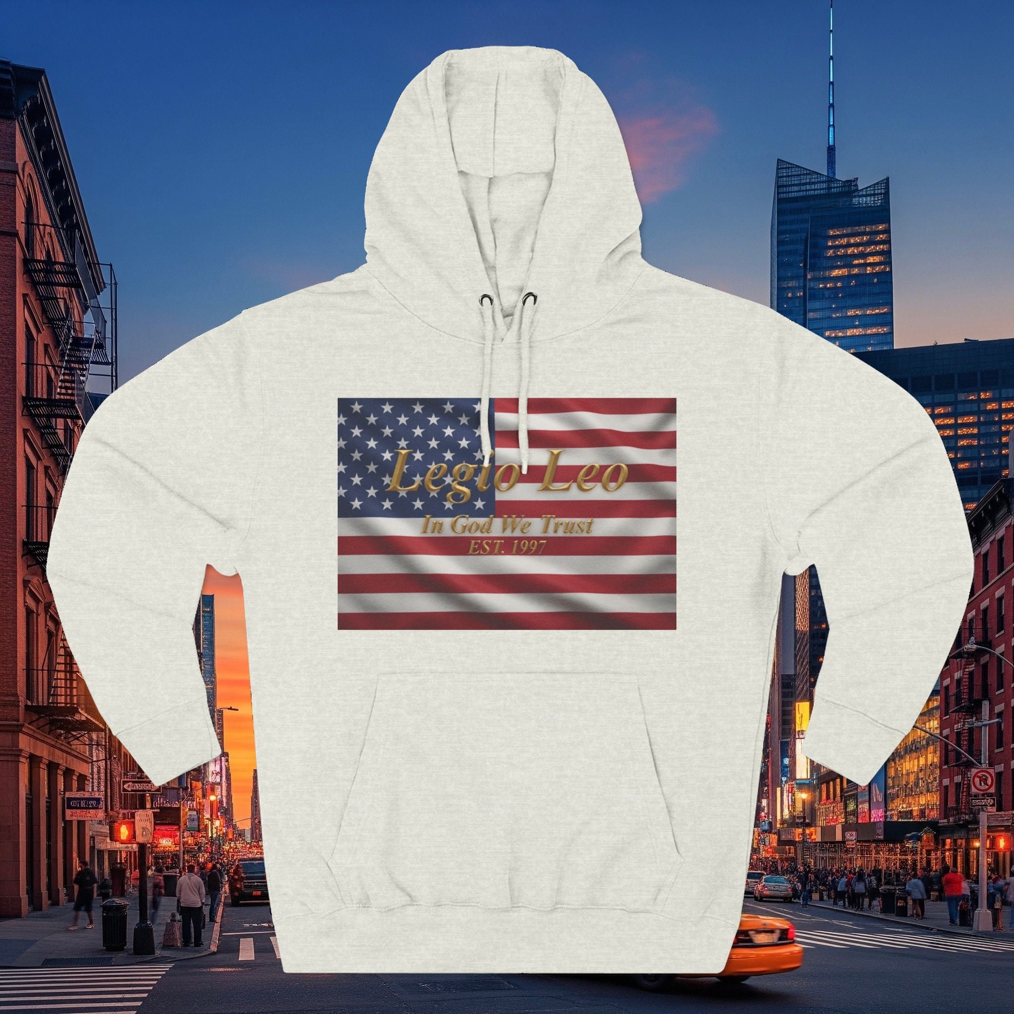 Legio Leo American Flag Fleece Hoodie – Minimal Gold Script Pullover