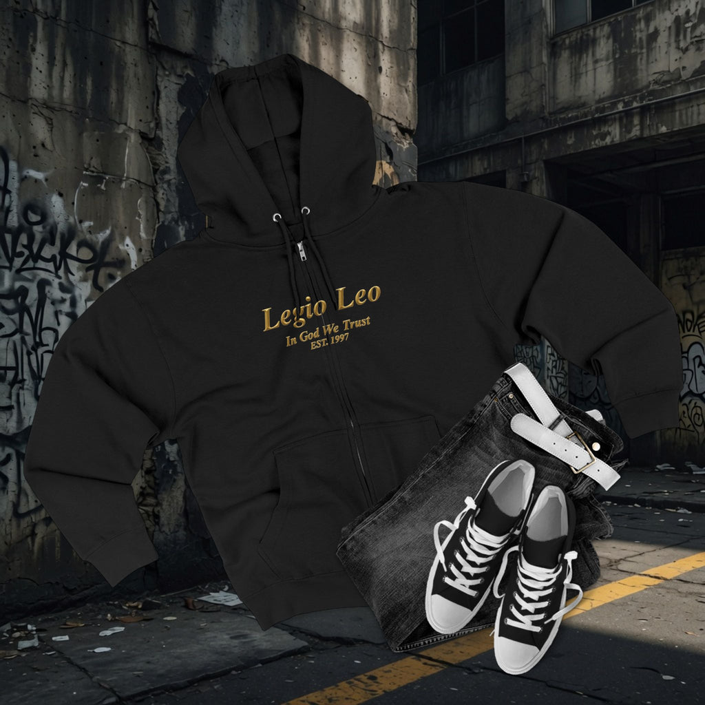 Zip Hoodie — Legio Leo Lion & Skull Graphic Zip-Up with “In God We Trust” Text