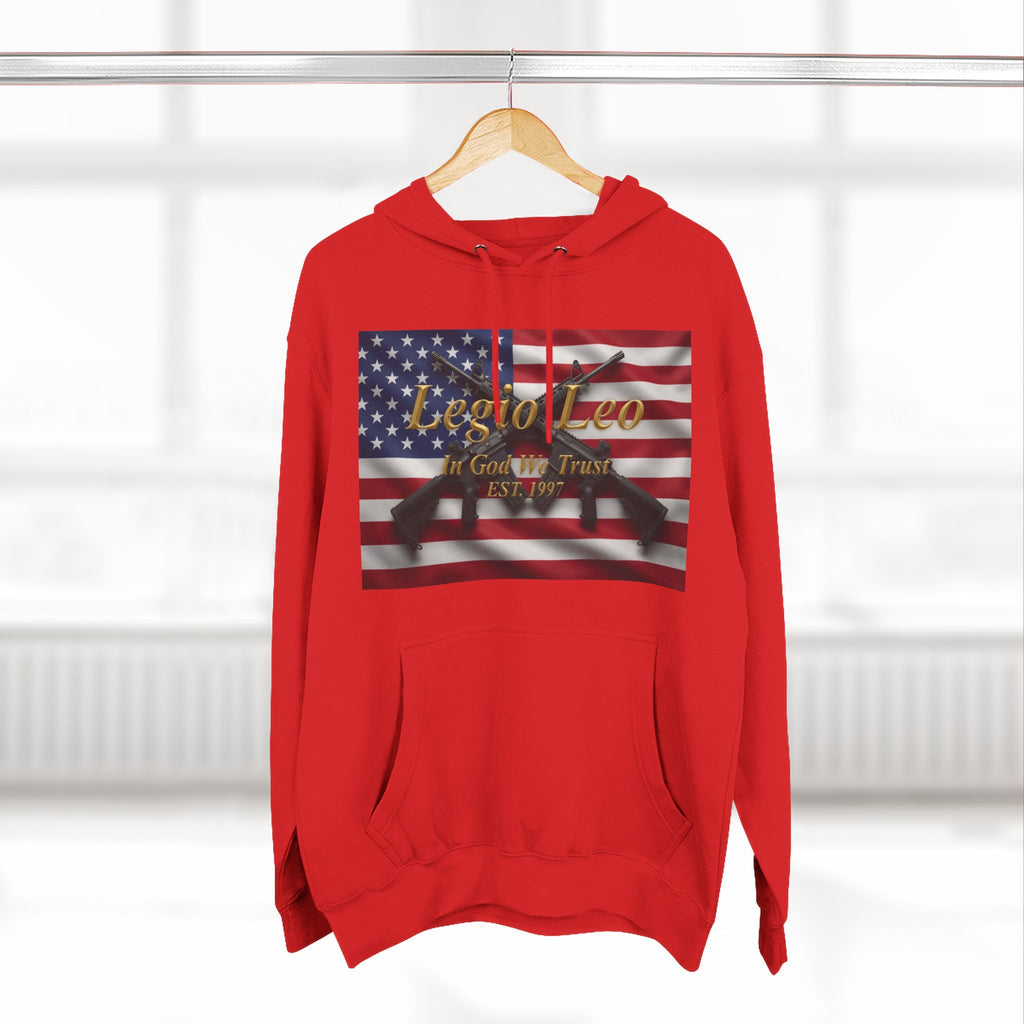 Legio Leo American Flag Fleece Hoodie – Minimal Gold Script Pullover Warrior Design