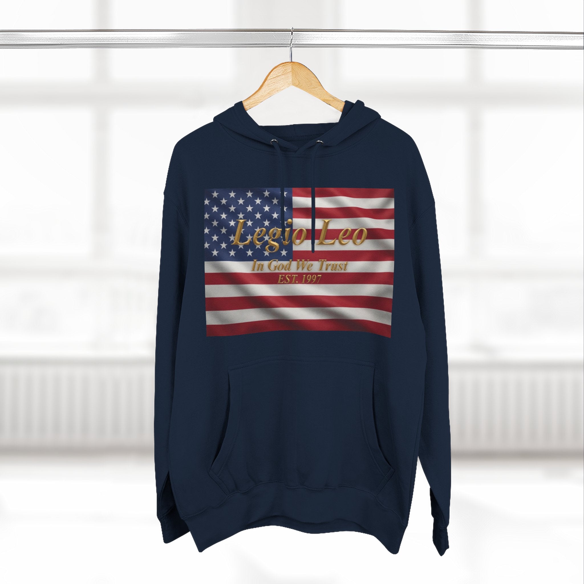 Legio Leo American Flag Fleece Hoodie – Minimal Gold Script Pullover