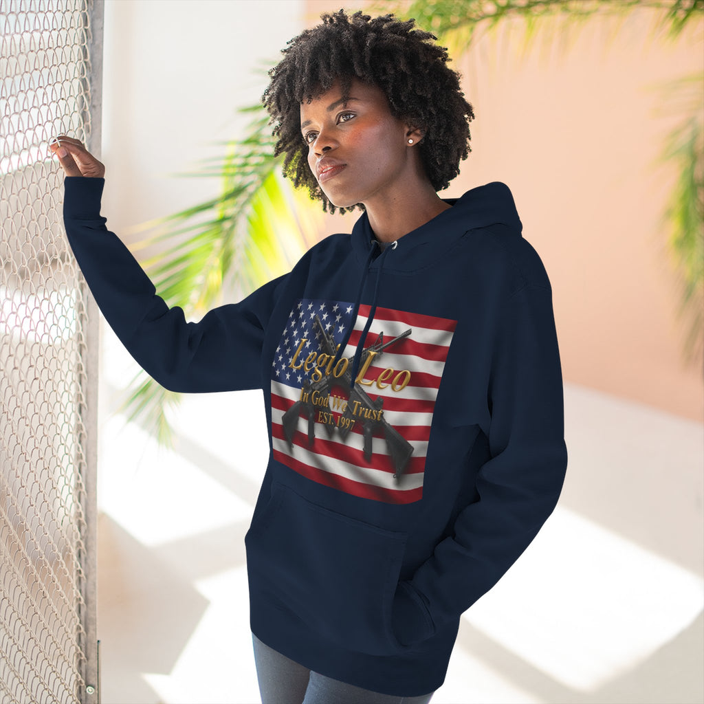 Legio Leo American Flag Fleece Hoodie – Minimal Gold Script Pullover Warrior Design