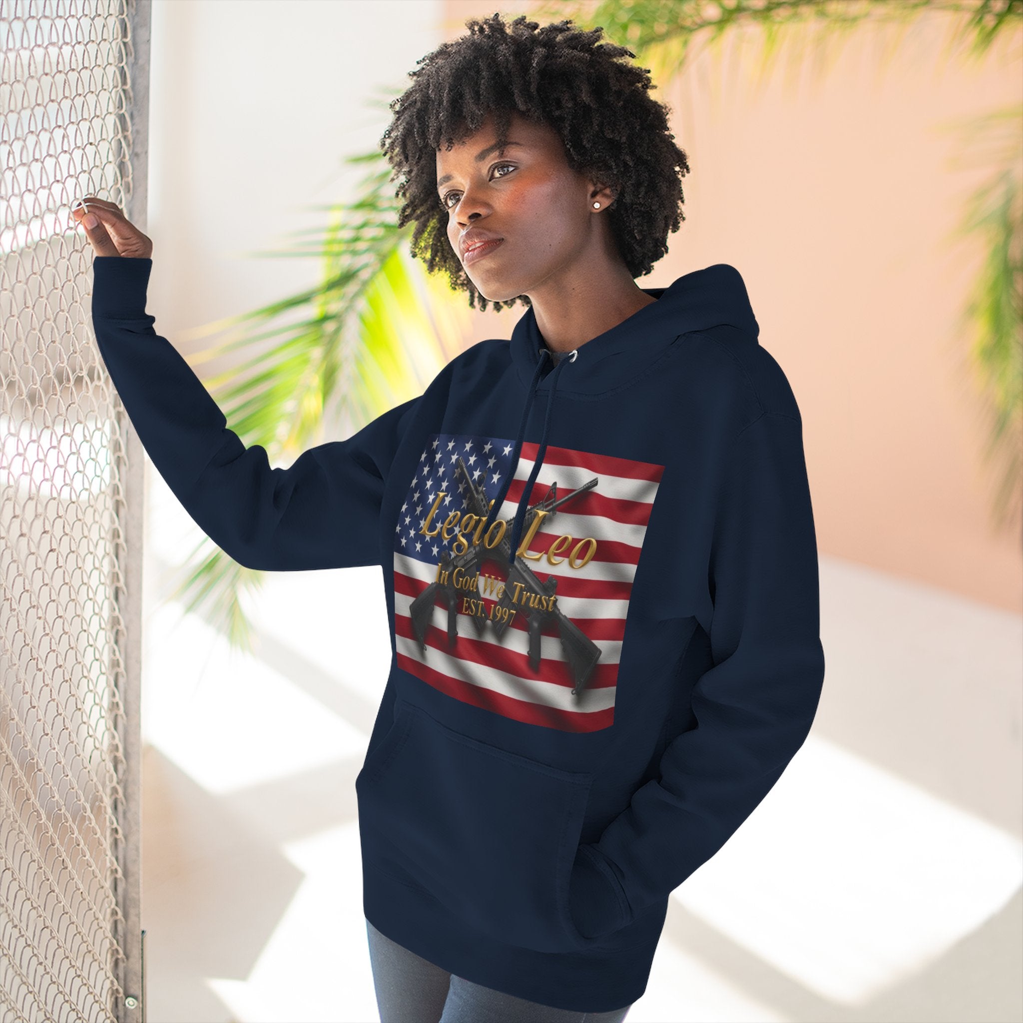 Legio Leo American Flag Fleece Hoodie – Minimal Gold Script Pullover Warrior Design