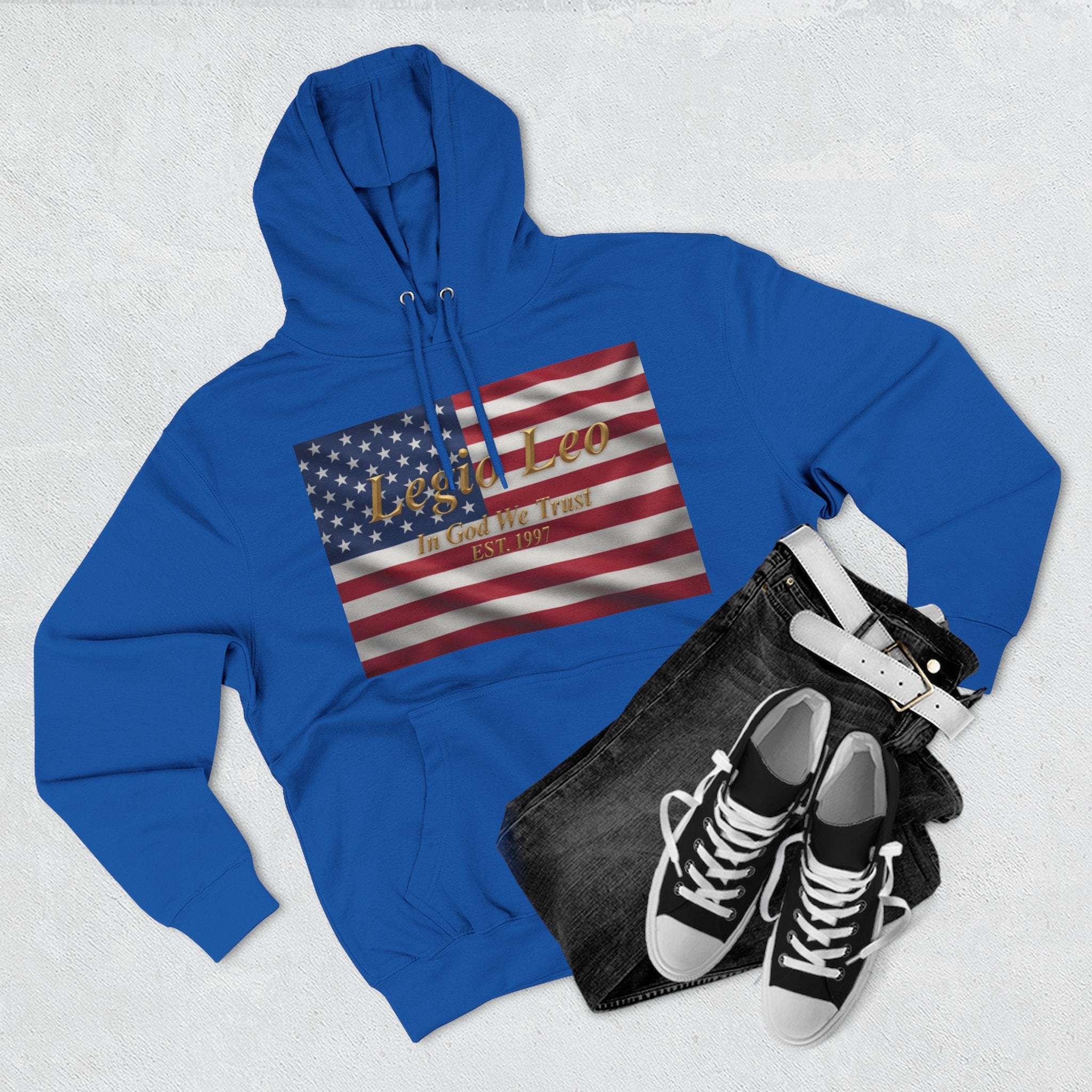 Legio Leo American Flag Fleece Hoodie – Minimal Gold Script Pullover
