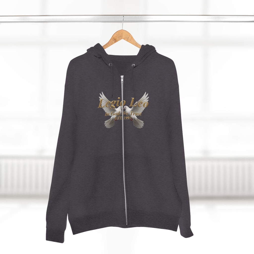 Leo Zodiac Zip Hoodie — 'Legio Leo— In God We Trust' Script with White Doves Design