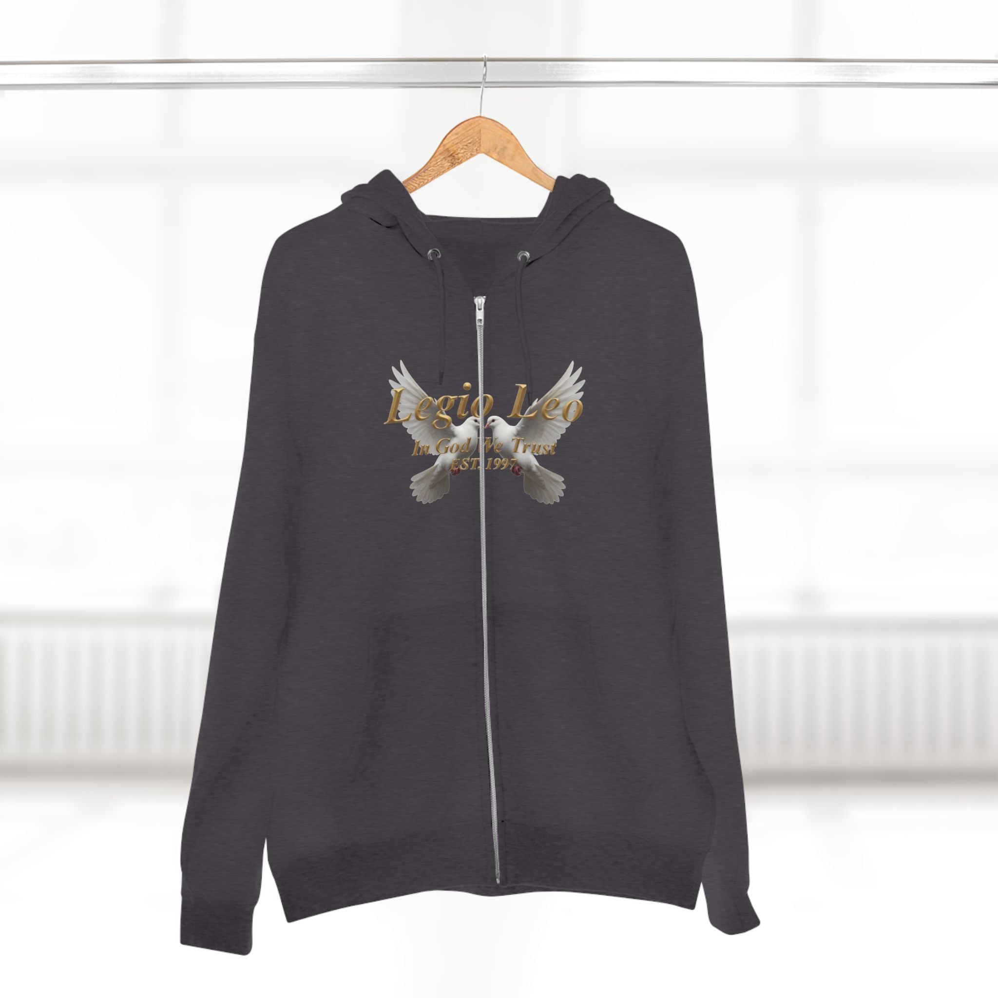 Leo Zodiac Zip Hoodie — 'Legio Leo— In God We Trust' Script with White Doves Design