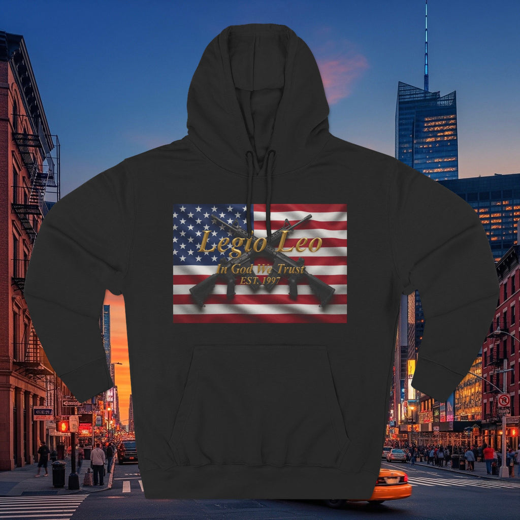 Legio Leo American Flag Fleece Hoodie – Minimal Gold Script Pullover Warrior Design