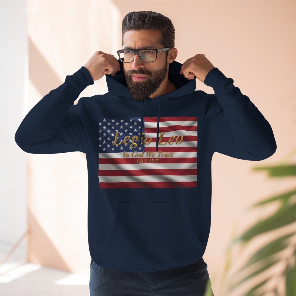 Legio Leo American Flag Fleece Hoodie – Minimal Gold Script Pullover