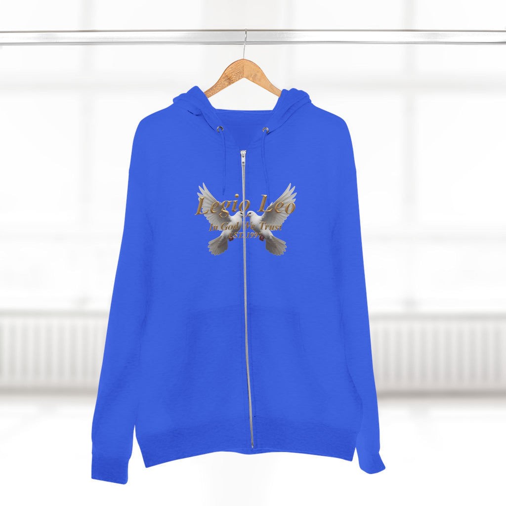 Leo Zodiac Zip Hoodie — 'Legio Leo— In God We Trust' Script with White Doves Design