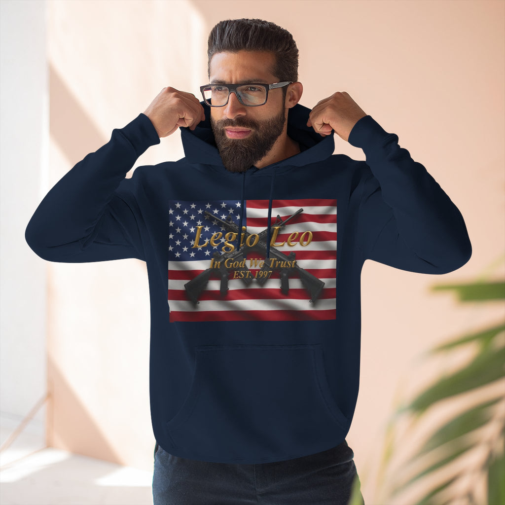 Legio Leo American Flag Fleece Hoodie – Minimal Gold Script Pullover Warrior Design