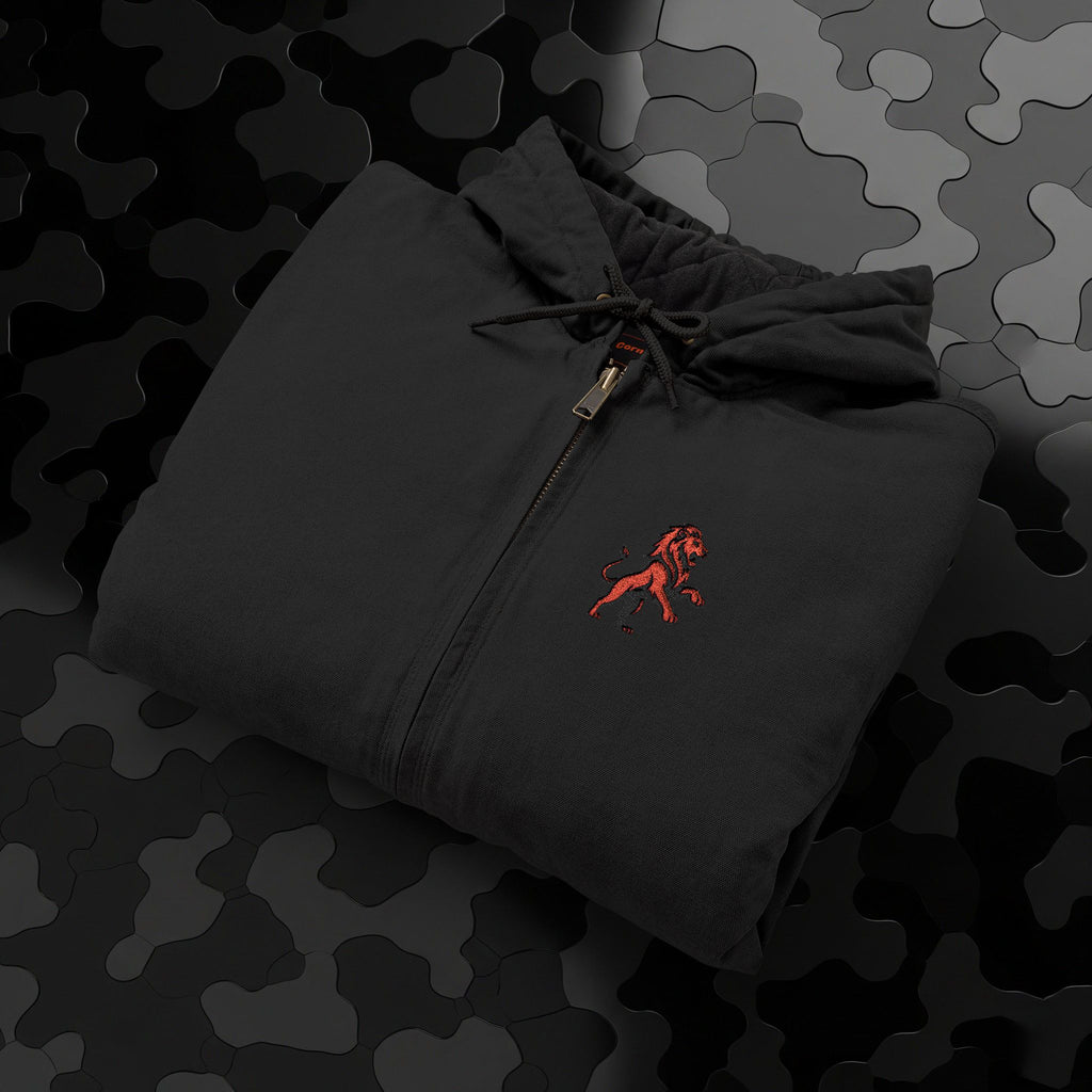 Work Jacket — Embroidered Lion Emblem Hooded Duck Cloth Jacket