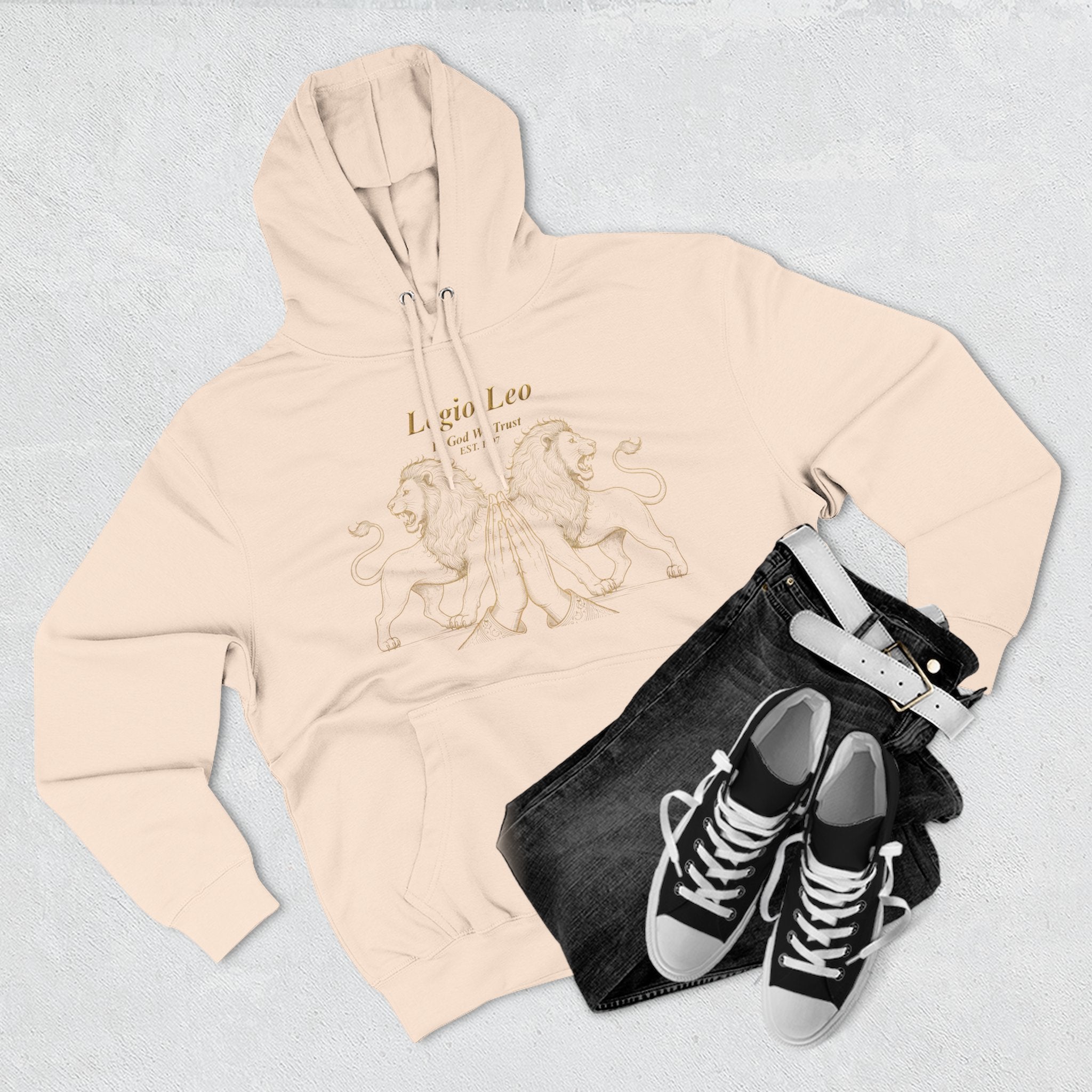 Legio Leo Fleece Hoodie – Minimal Gold Script Pullover Guardian Design