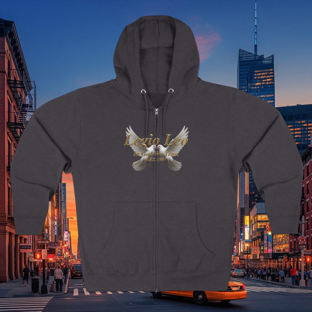 Leo Zodiac Zip Hoodie — 'Legio Leo— In God We Trust' Script with White Doves Design