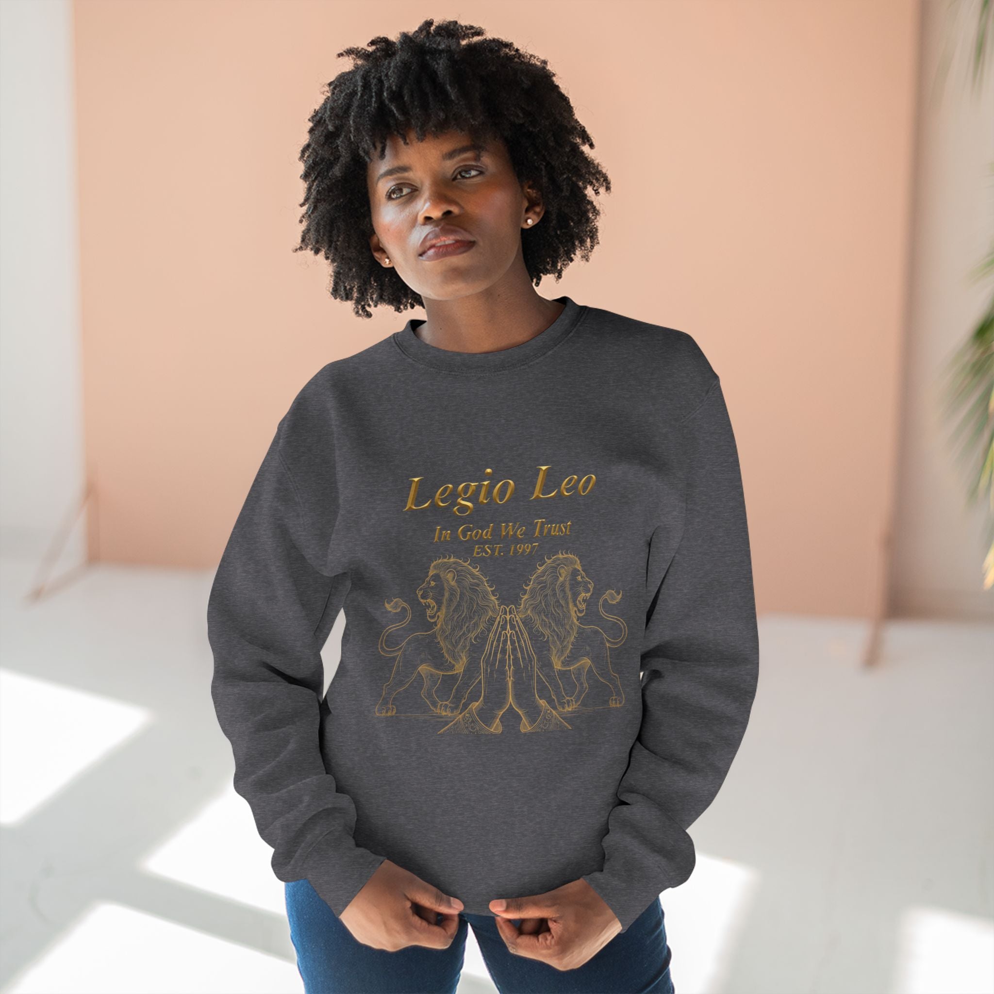 Legio Leo Crewneck Sweatshirt — Classic Latin Crest “In God We Trust” Graphic