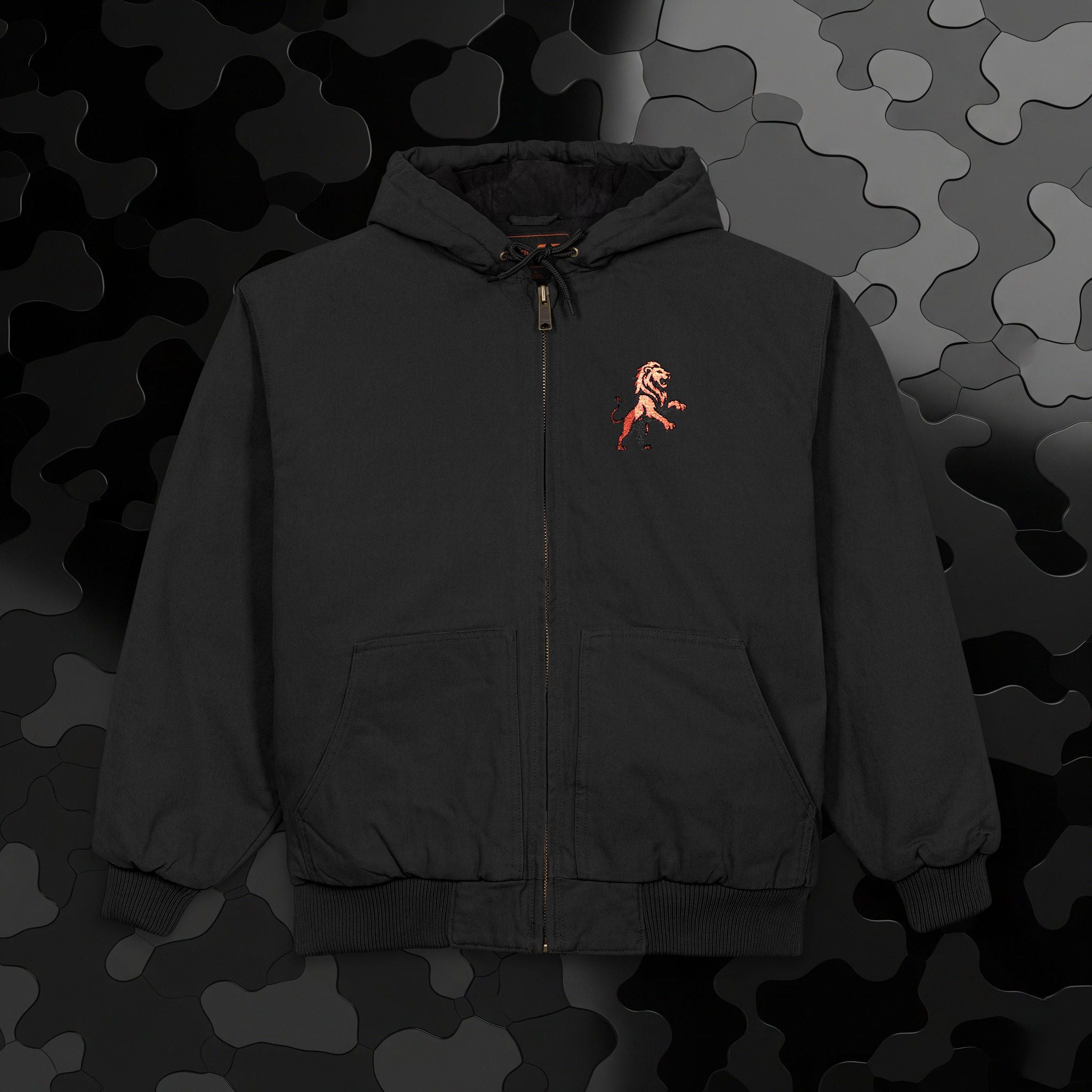 Work Jacket — Embroidered Lion Emblem Hooded Duck Cloth Jacket