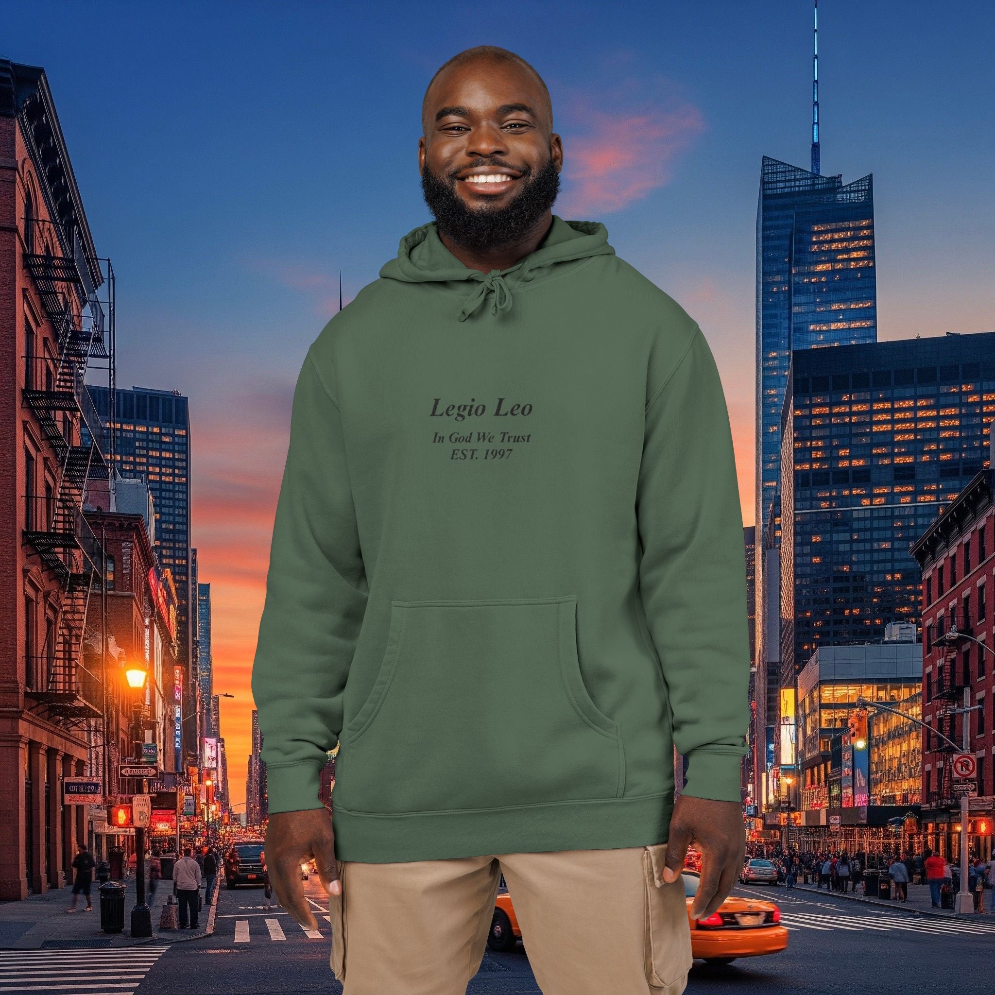 Minimal Olive Pigment-Dyed Hoodie — Subtle Script "Legio Leo" Design