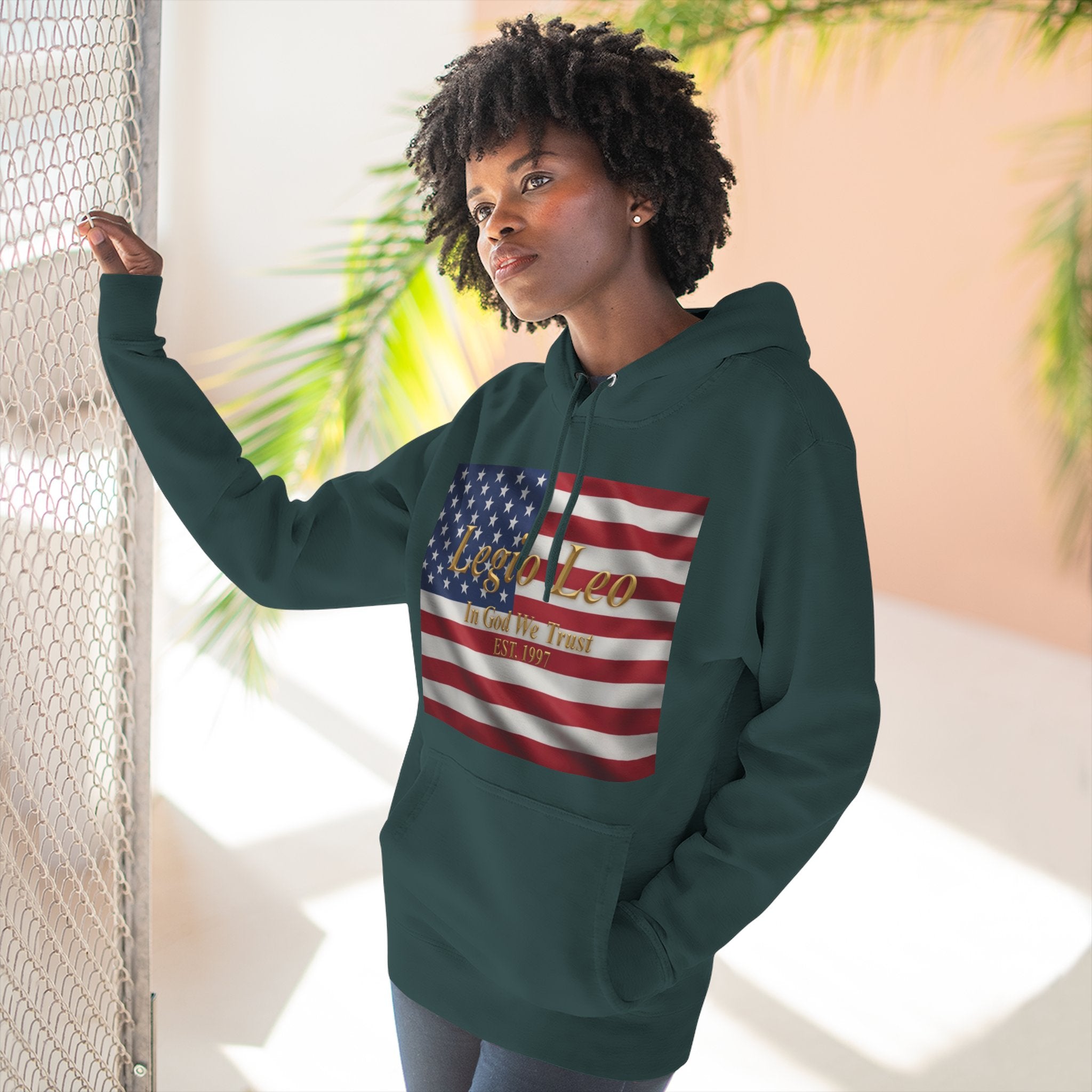 Legio Leo American Flag Fleece Hoodie – Minimal Gold Script Pullover