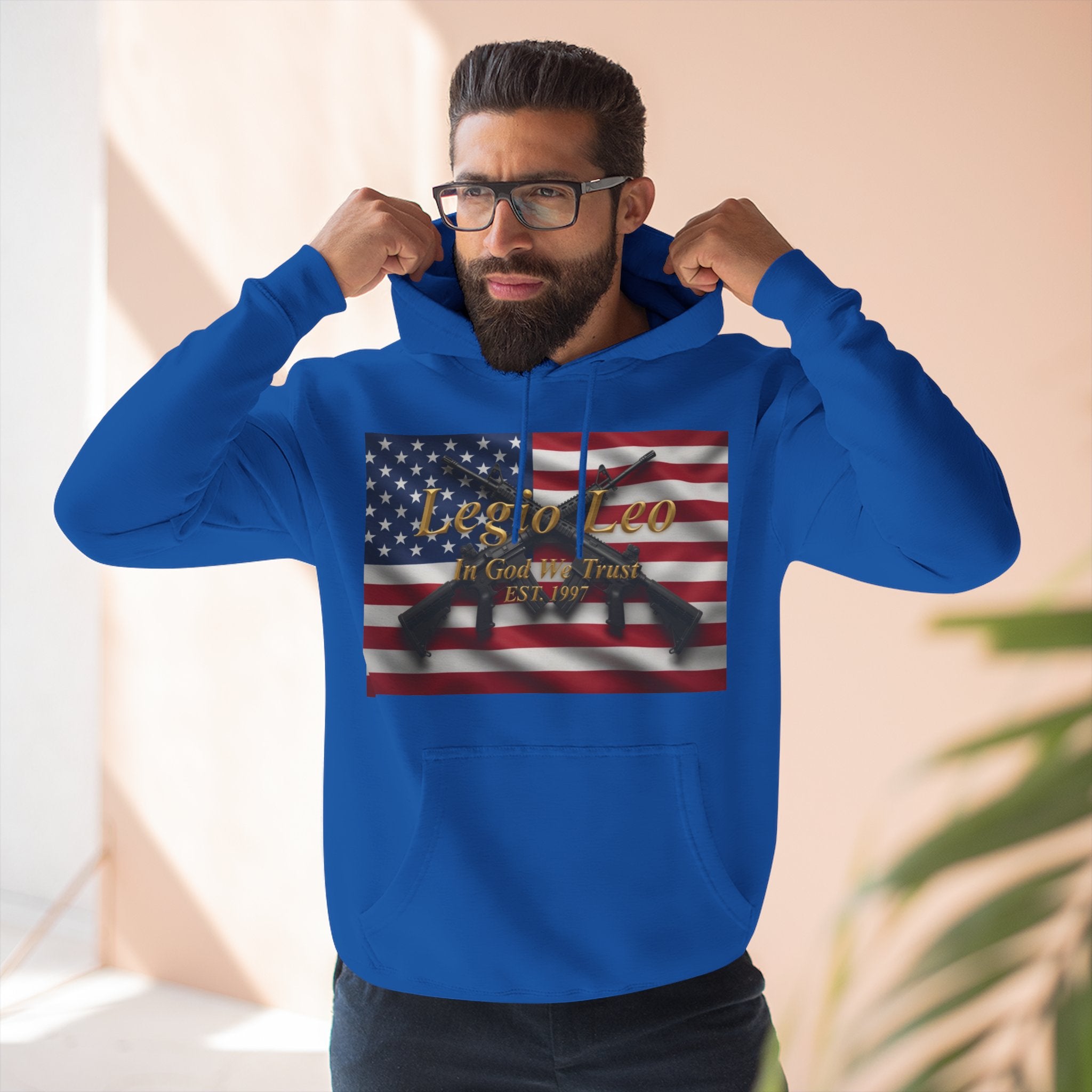 Legio Leo American Flag Fleece Hoodie – Minimal Gold Script Pullover Warrior Design