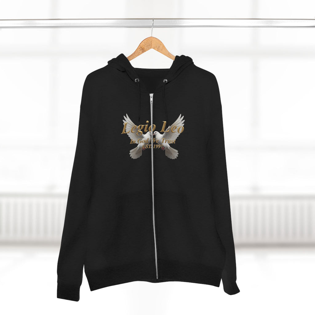 Leo Zodiac Zip Hoodie — 'Legio Leo— In God We Trust' Script with White Doves Design