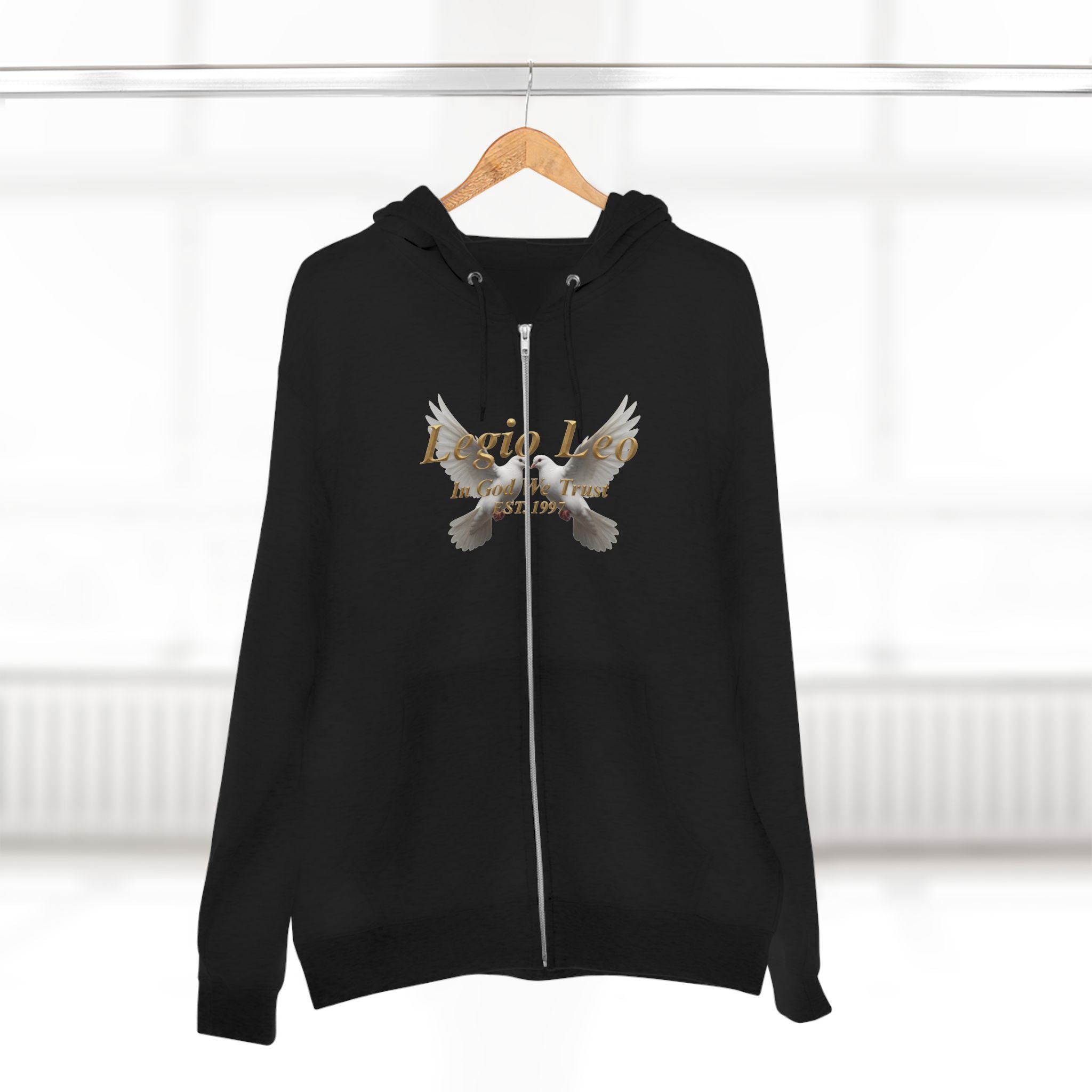 Leo Zodiac Zip Hoodie — 'Legio Leo— In God We Trust' Script with White Doves Design