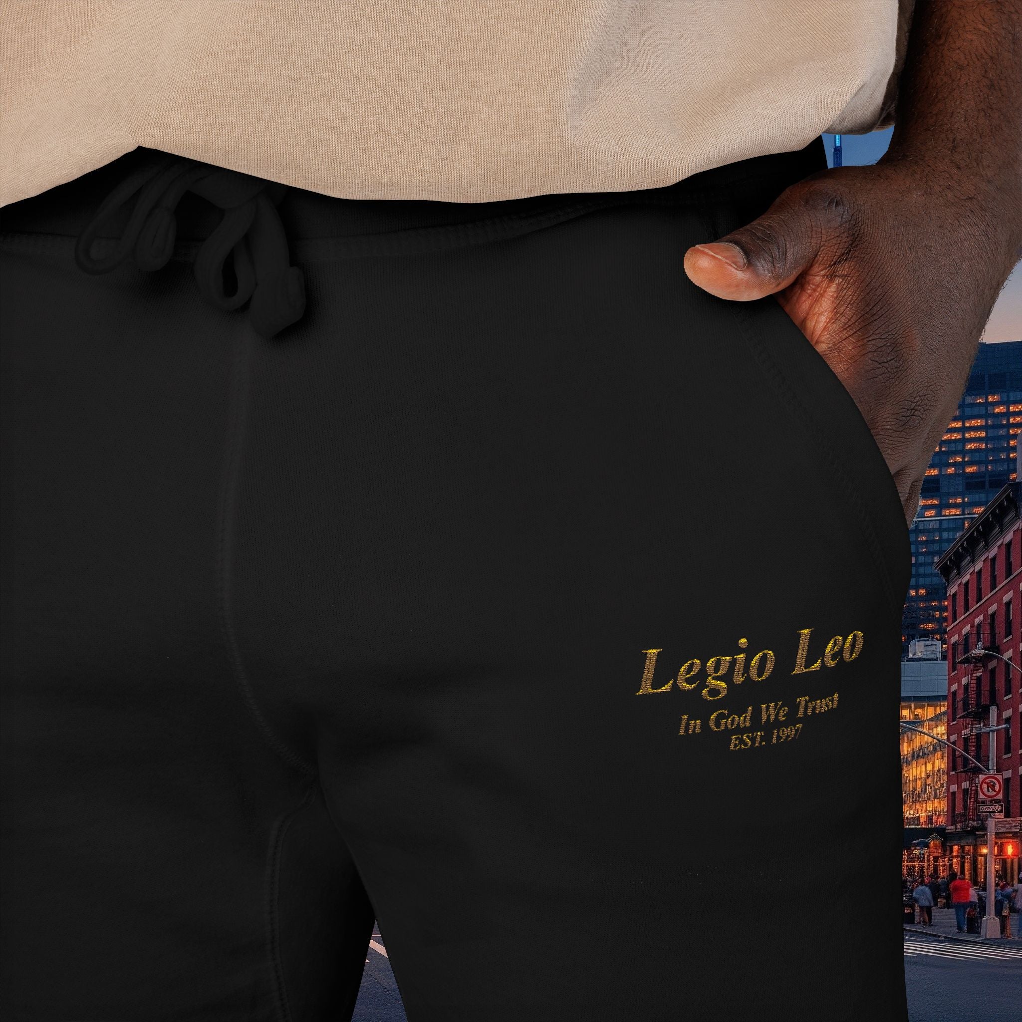 Legio Leo Sweatpants — In God We Trust Embroidery Design Cozy Fleece Joggers