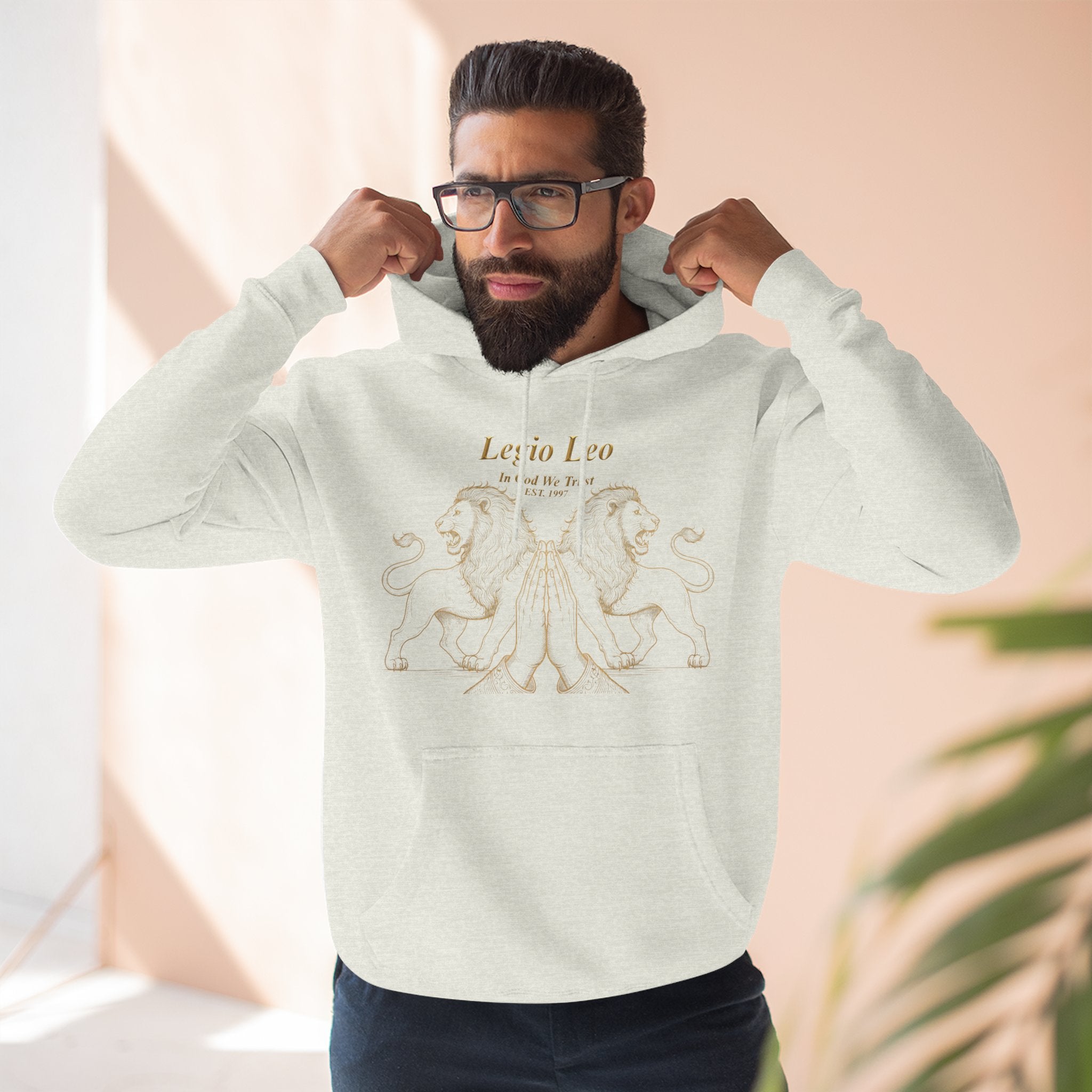 Legio Leo Fleece Hoodie – Minimal Gold Script Pullover Guardian Design