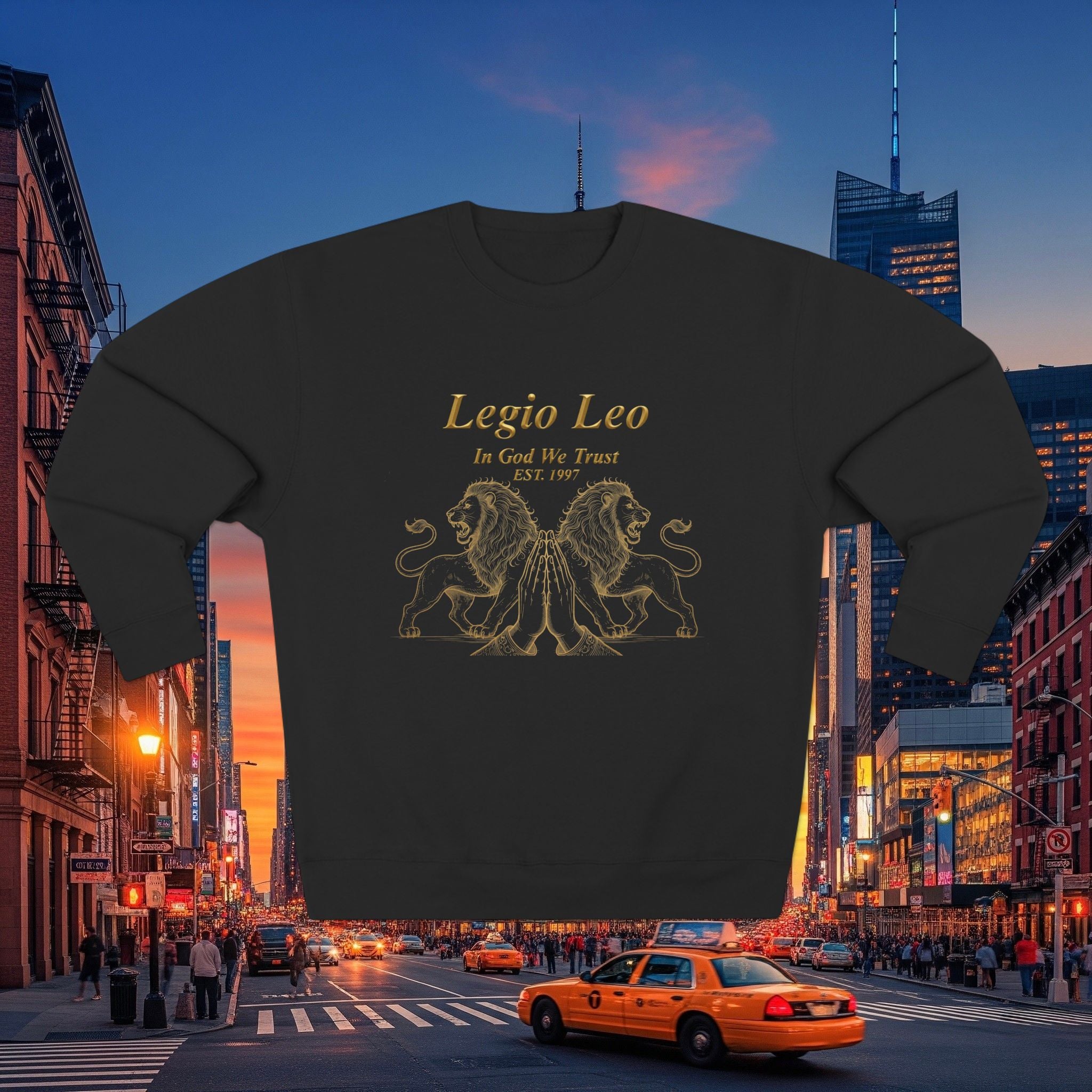 Legio Leo Crewneck Sweatshirt — Classic Latin Crest “In God We Trust” Graphic