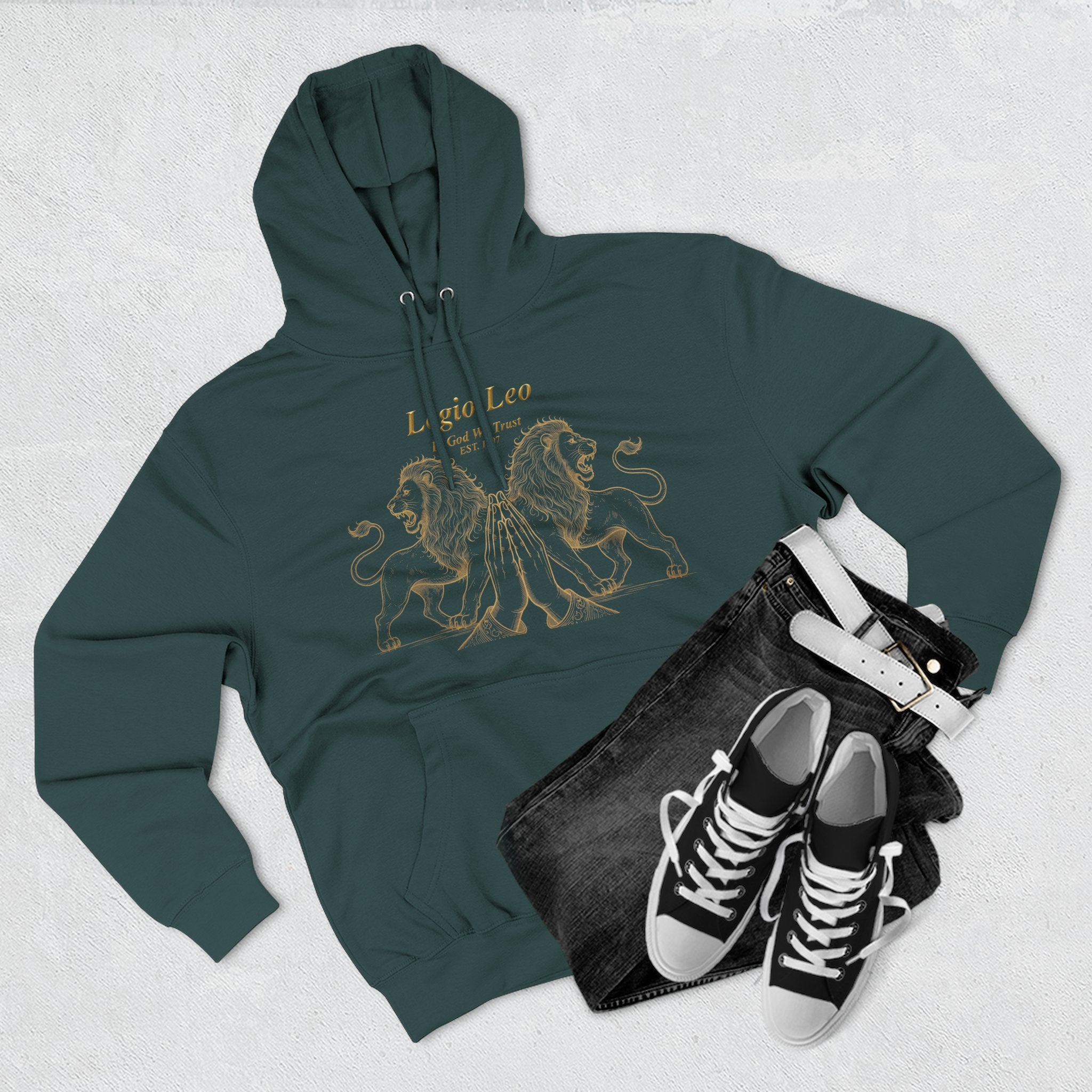 Legio Leo Fleece Hoodie – Minimal Gold Script Pullover Guardian Design