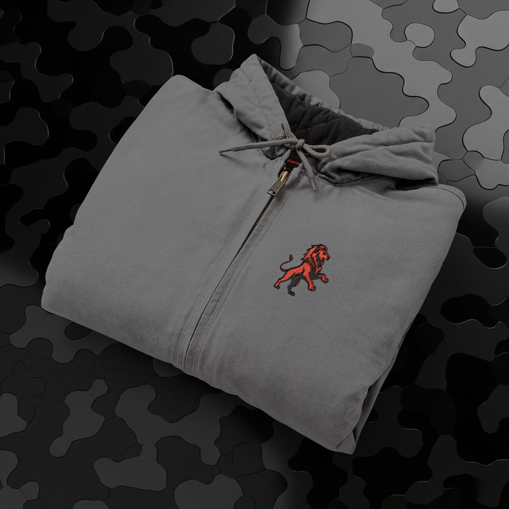 Work Jacket — Embroidered Lion Emblem Hooded Duck Cloth Jacket