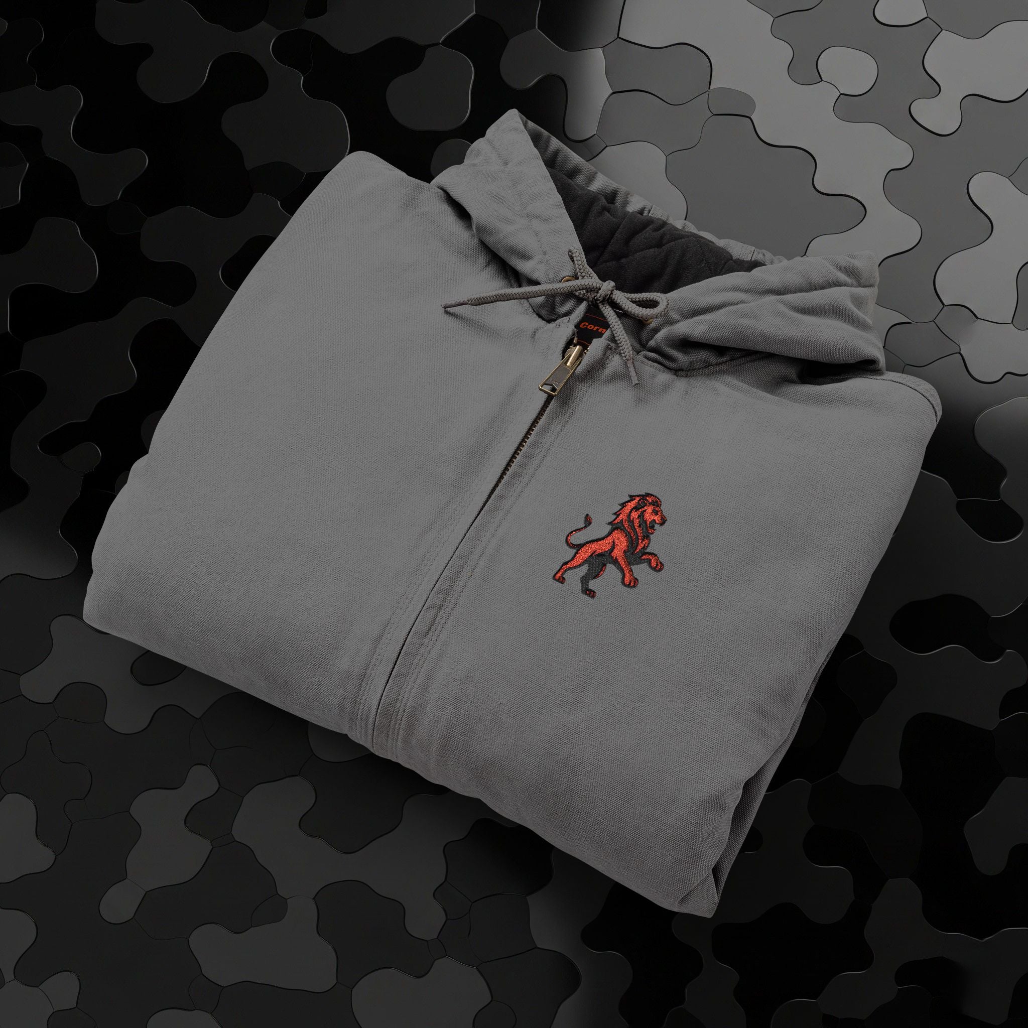 Work Jacket — Embroidered Lion Emblem Hooded Duck Cloth Jacket
